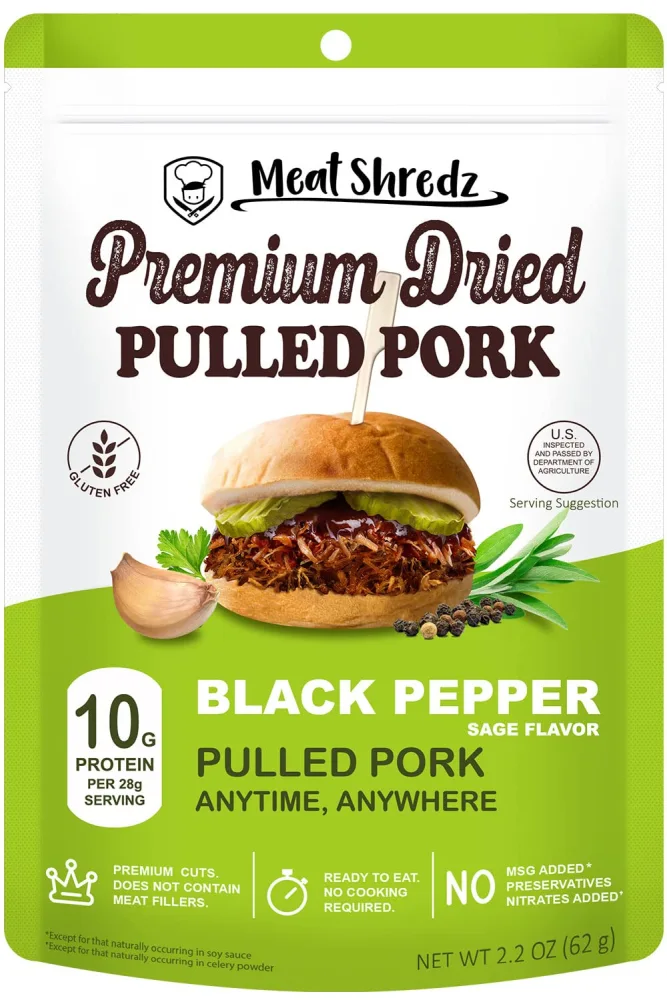 Meat Shredz - Premium Dried Pulled Pork (Black Pepper Sage, 1 Pack) | Gluten Free | High Protein & Low Sugar | Bacon Bits | Dehydrated Backpacking & Camping Food | Shredded, Dried Jerky Chew Snack