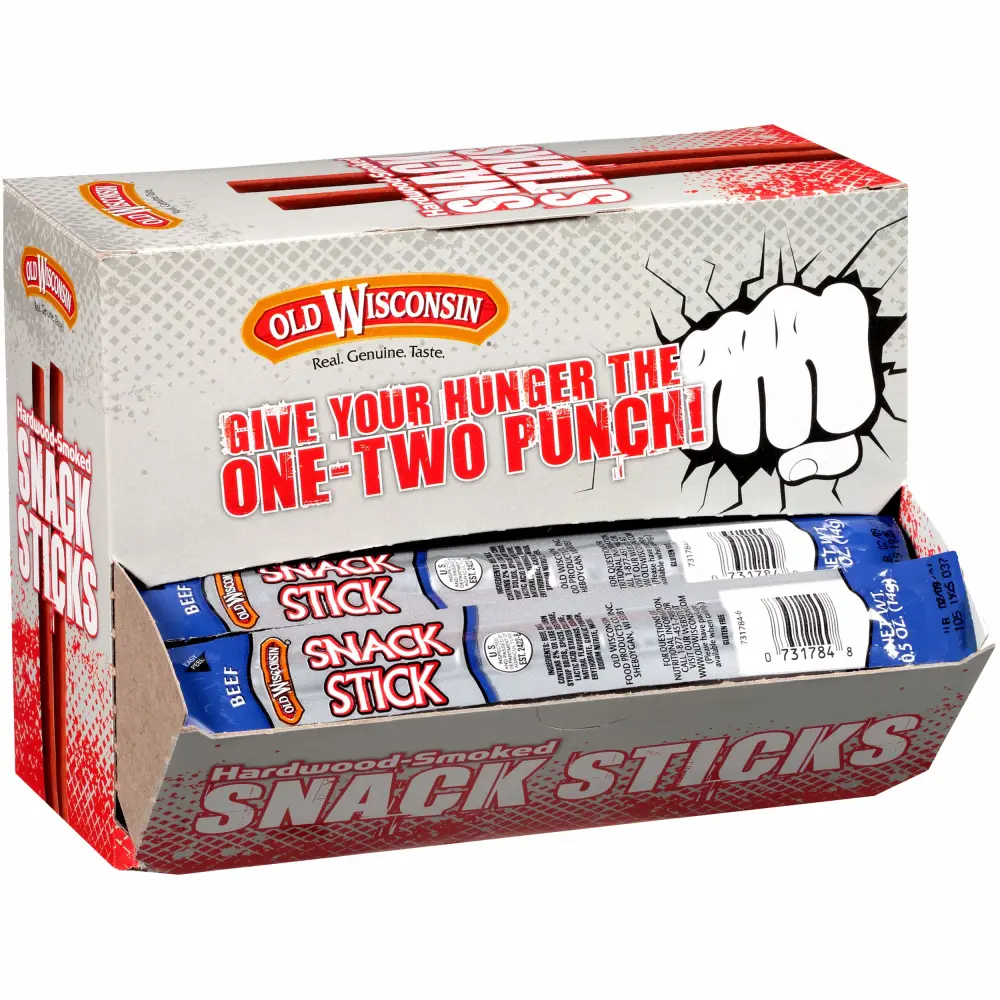 Old Wisconsin Beef Sausage Snack Sticks, Naturally Smoked, Ready to Eat, High Protein, Low Carb, Keto, Gluten Free, Counter Box, Pack of 42 Individually Wrapped Sticks