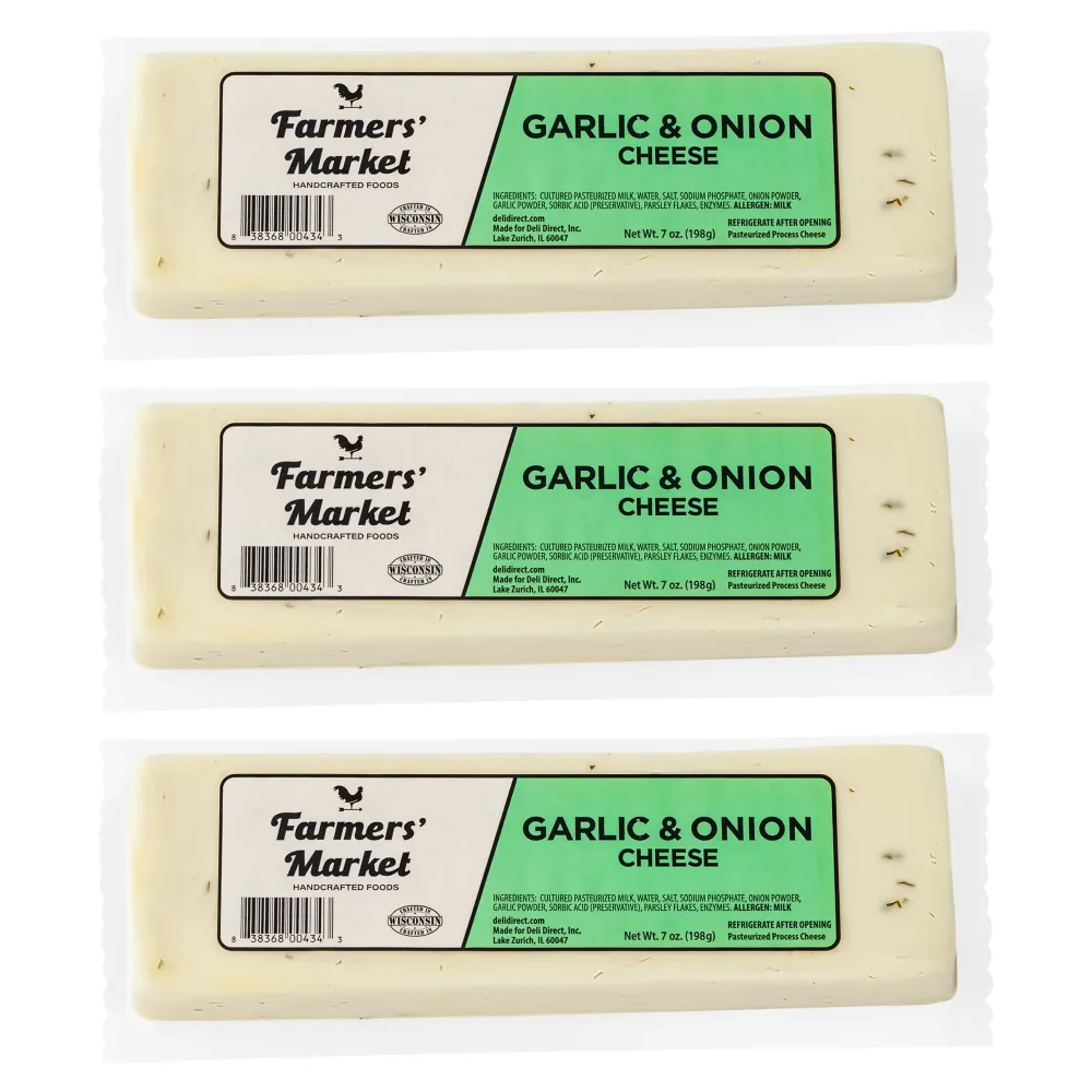 Farmers' Market Garlic & Onion Cheese Block 7oz [3pk] Shelf Stable, Pasteurized, Locally Sourced Wisconsin Cheese