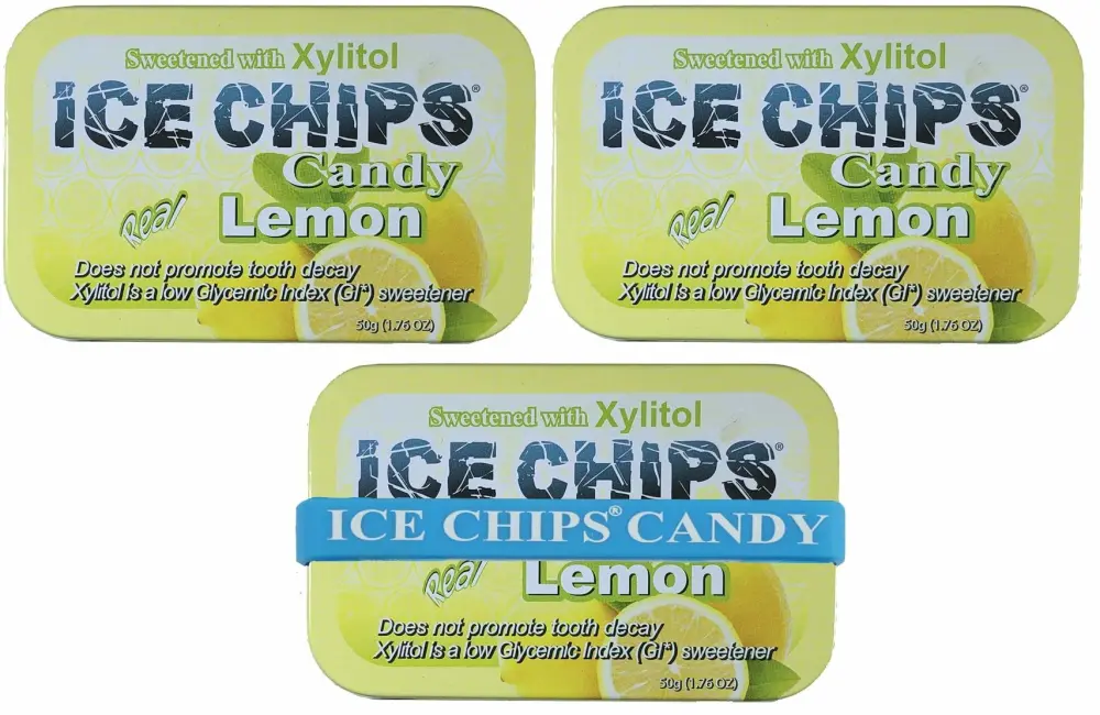 ICE CHIPS Xylitol Candy Tins 5.28 oz total (Lemon, 3 Pack) - Includes BAND as shown