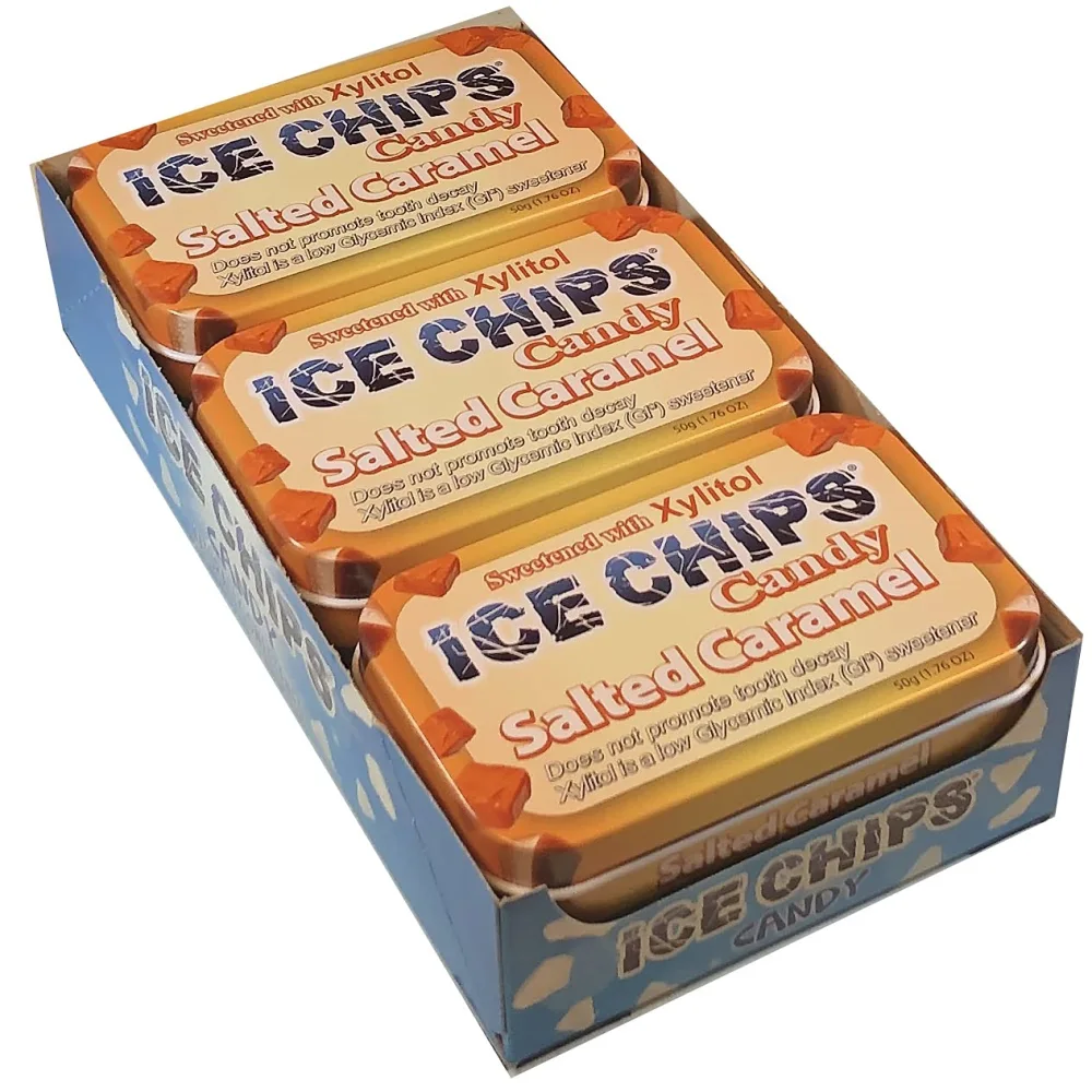 ICE CHIPS Xylitol Candy Tins 10.56 oz total (Salted Caramel, 6 Pack); Includes ICE CHIPS BAND as shown