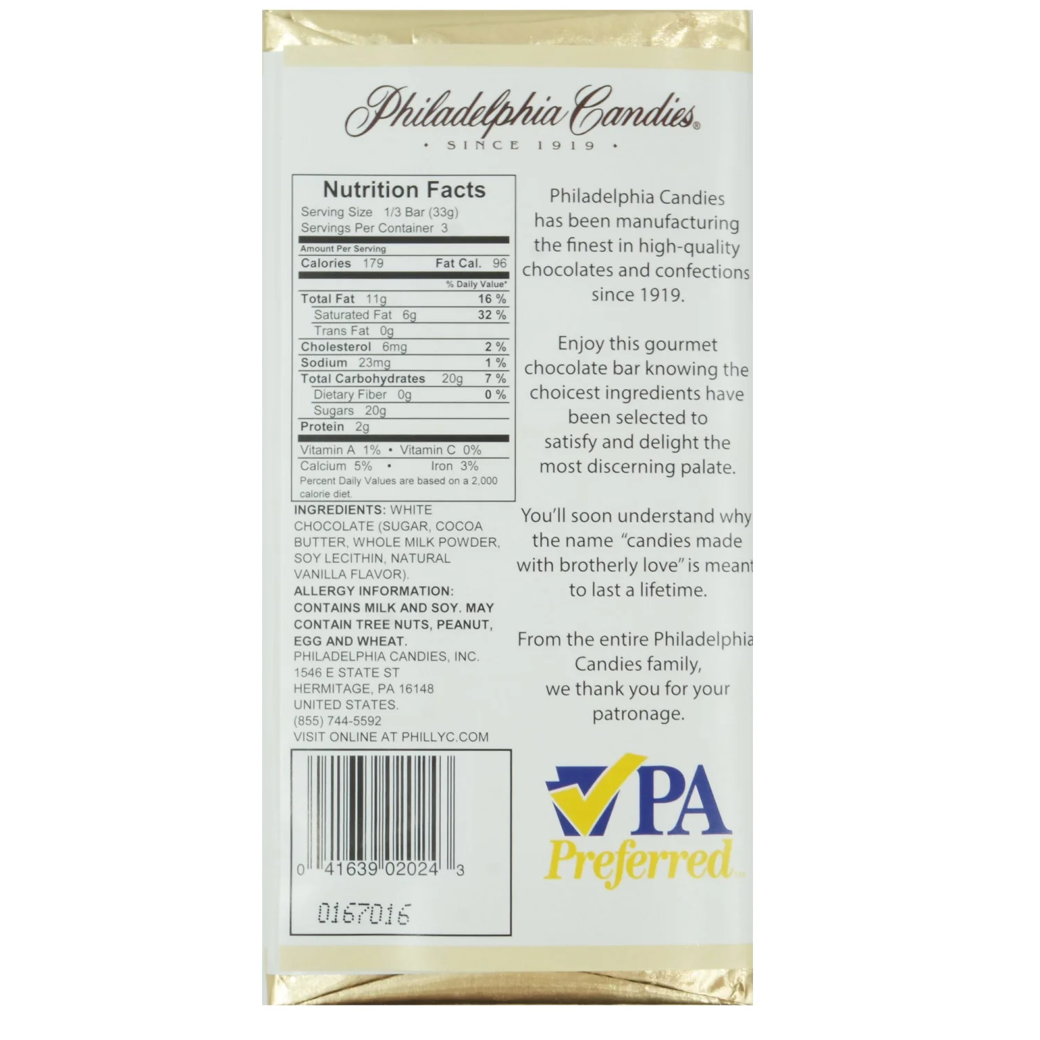 Philadelphia Candies White Chocolate Bar, 3.5-Ounce Package