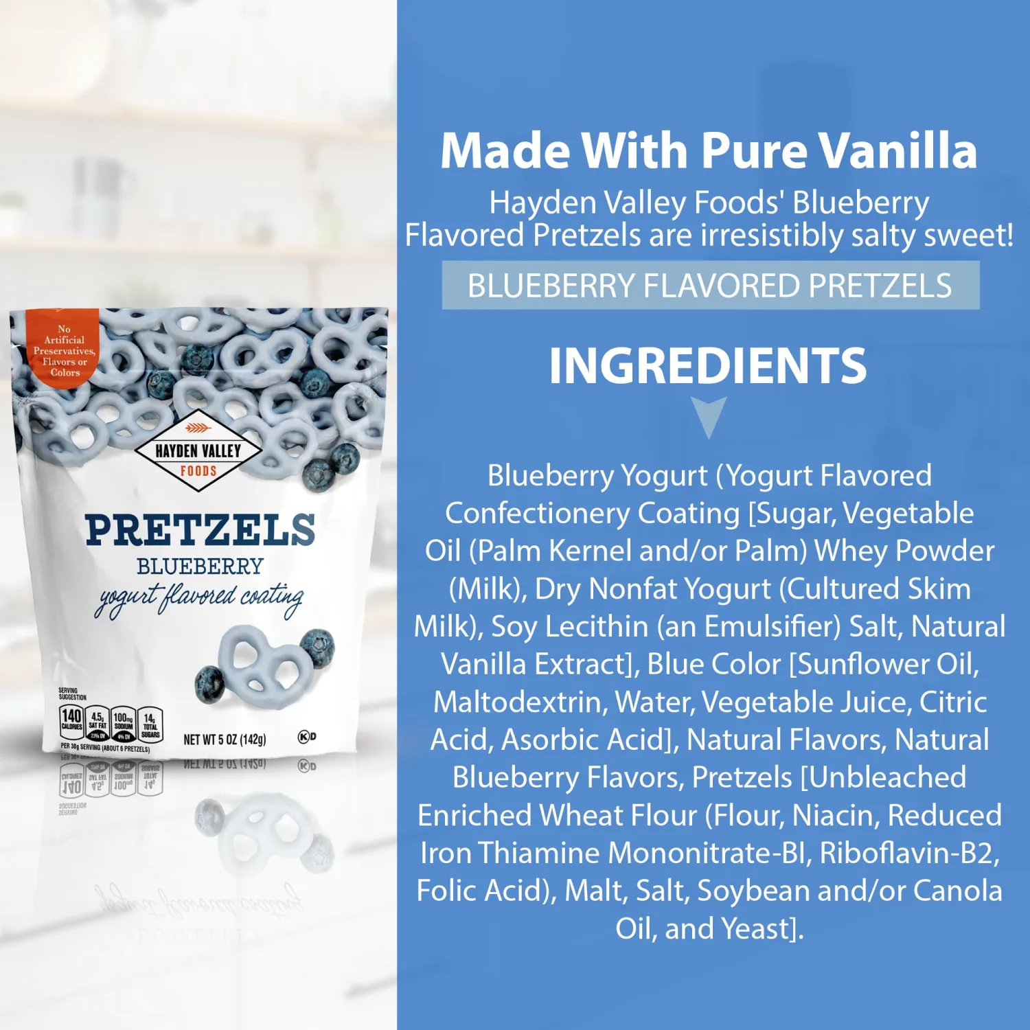Hayden Valley Foods Blueberry Yogurt Flavored Covered Pretzels | 5 oz Resealable Bag | Gourmet Flavored Blue Pretzels
