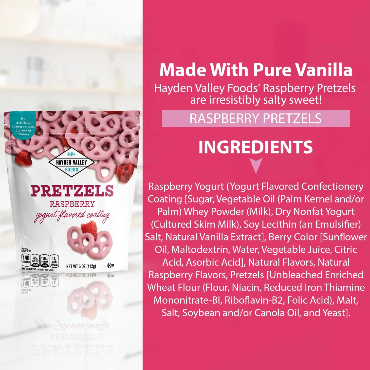 Hayden Valley Foods Raspberry Yogurt Flavored Covered Pretzels | 5 oz Resealable Bag | Gourmet Pink Valentine's Day Pretzels