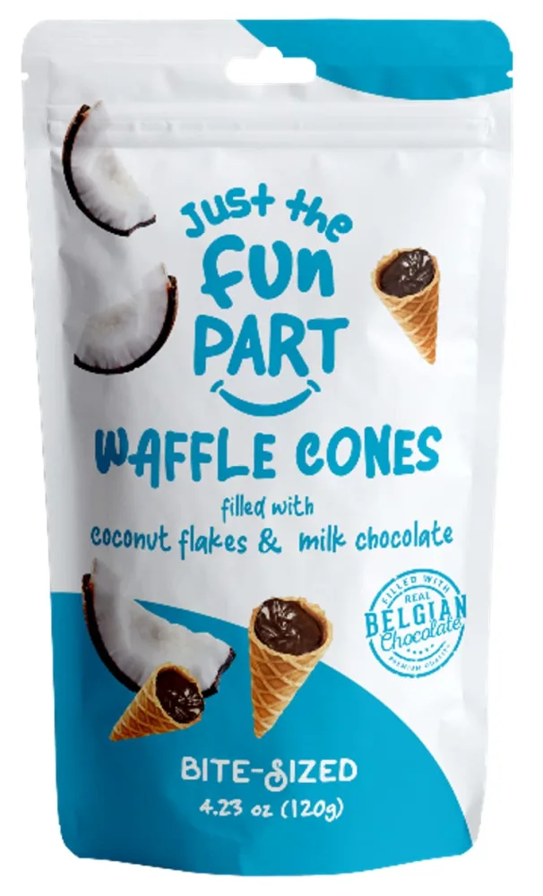 Just The Fun Part, Bite-Size Crispy Mini Waffle Cones, Filled with Premium Belgian Chocolate, Great for Snacks, Dessert, Grab & Go - Kosher, Coconut Flakes and Milk Chocolate (Pack of 1)