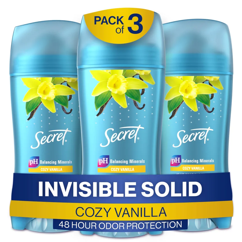 Secret Antiperspirant and Deodorant for Women, 48 Hr Invisible Solid Vanilla Scent 2.6 oz (Pack of 3)