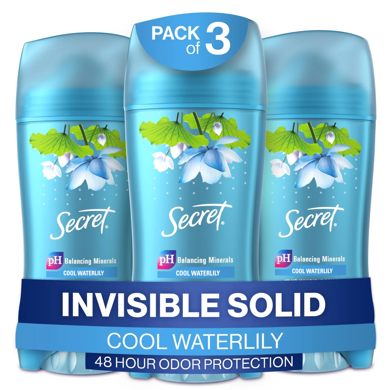 Secret Invisible Solid Antiperspirant and Deodorant, Waterlily Scent, 2.6 oz (Pack of 3)