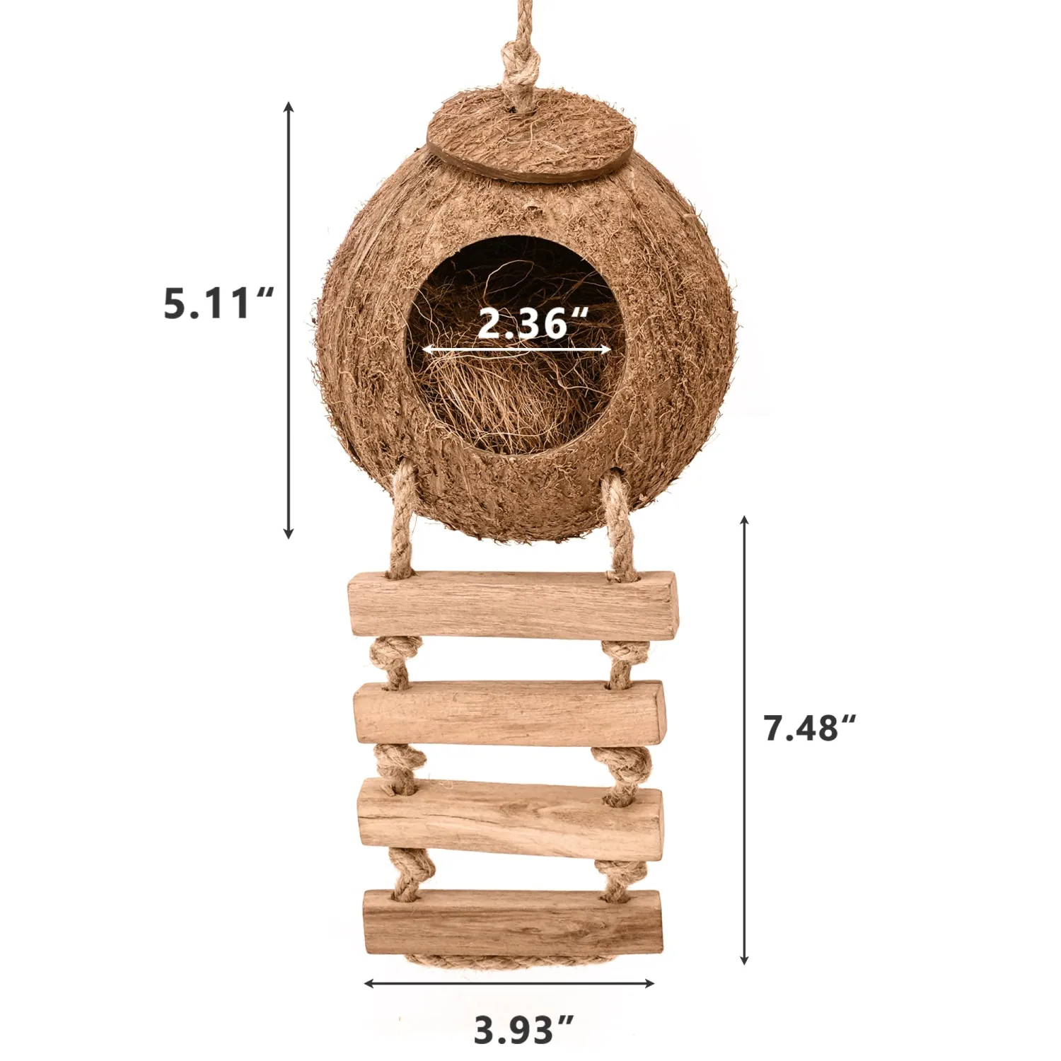 Hermit Crab Coconut Husk Hut with Branch Ladder,Coconut House Hermit Crab Shells Reptile Habitat,Coconut Nest Hangable Suitable for Animal Hiding Sleep (Coconut Shell with Fiber)