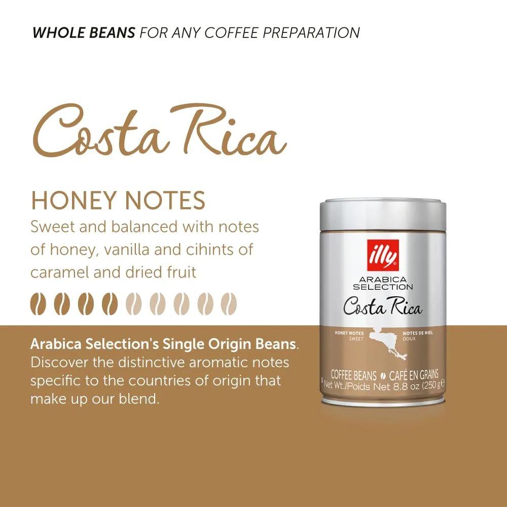 illy Coffee,medium roast, Arabica Selection Whole Bean Costa Rica, Single Origin, 100% Arabica Coffee, All-Natural, No Preservatives, 250g (Pack of 1)
