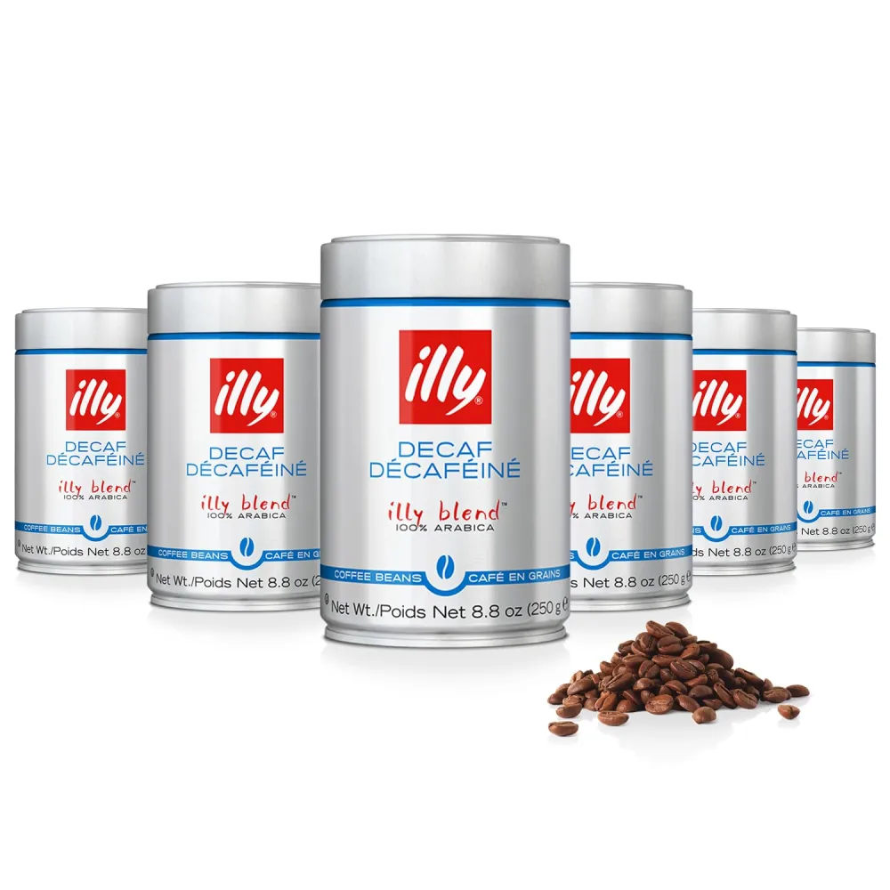 illy Whole Bean Coffee - Perfectly Roasted Whole Coffee Beans – Classico Decaf Roast - with Notes of Caramel, Toasted Bread & Chocolate - 100% Arabica Coffee - No Preservatives – 8.8 Ounce, 6 Pack