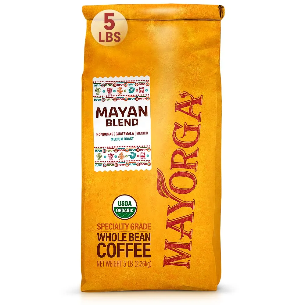 Mayorga Organic Coffee 5lb Mayan Blend - Medium Roast Whole Bean Coffee Specialty Grade, 100% Arabica, Slow Roasted, Chocolate and Floral Flavor with Low Acidity - USDA Organic, Non-GMO, Kosher