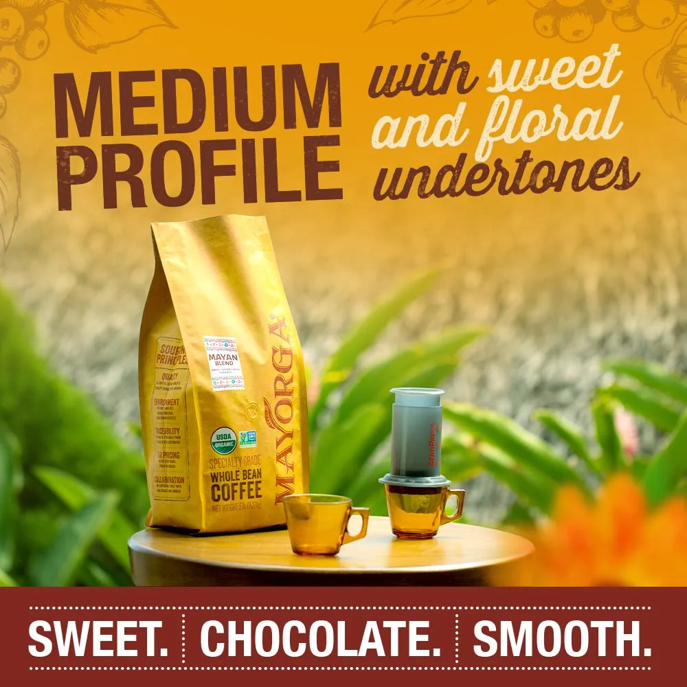 Mayorga Organic Coffee 5lb Mayan Blend - Medium Roast Whole Bean Coffee Specialty Grade, 100% Arabica, Slow Roasted, Chocolate and Floral Flavor with Low Acidity - USDA Organic, Non-GMO, Kosher