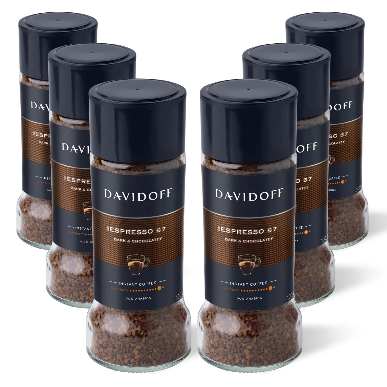DAVIDOFF Espresso 57 Instant Coffee - Dark and Chocolatey - Intense Roast with a Smooth Aroma - 100% Arabica Beans - 11/12 Intensity. 12/12 Roasting. 6/12 Acidity - 6 x 3.52 oz