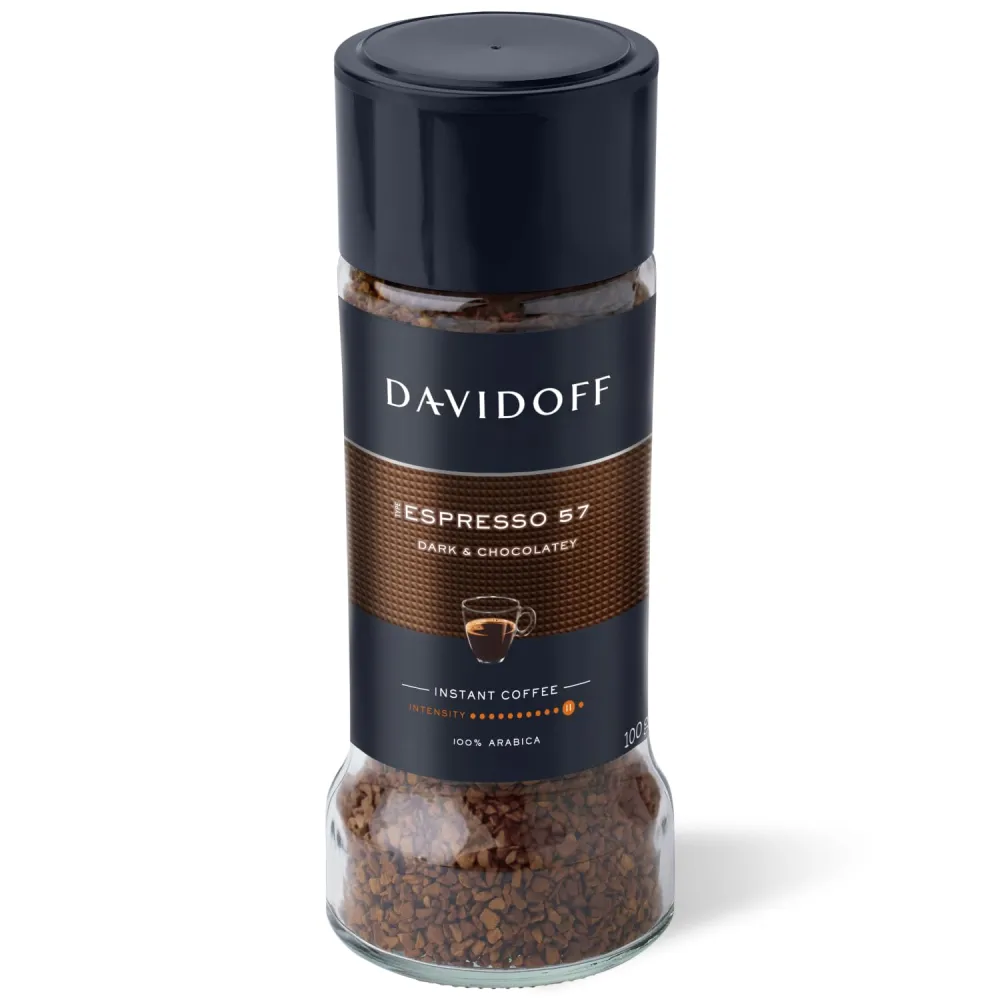 DAVIDOFF Espresso 57 Instant Coffee - Dark and Chocolatey - Intense Roast with a Smooth Aroma - 100% Arabica Beans - 11/12 Intensity. 12/12 Roasting. 6/12 Acidity - 1 x 3.52 oz