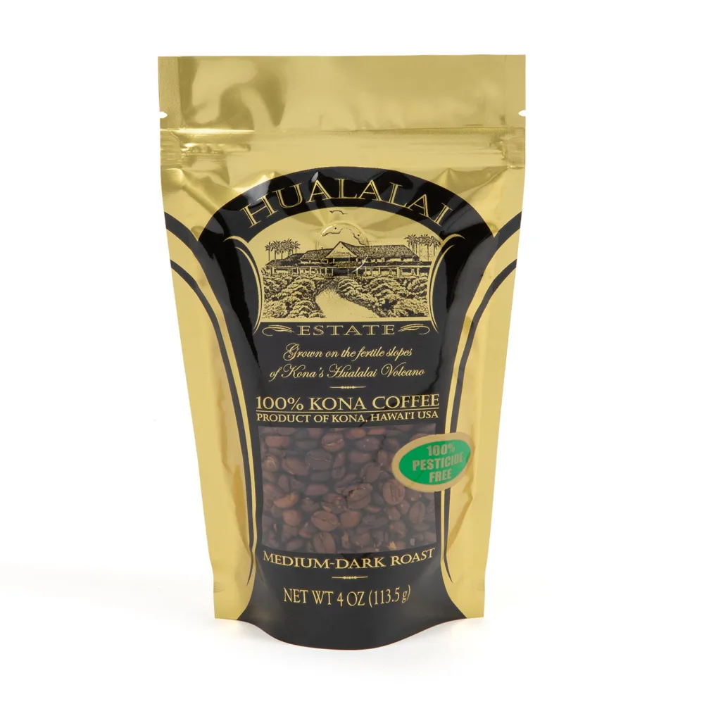 Hualalai Estate Whole Bean 100% Kona Coffee - Medium Dark Roasted Hawaiian Grown Beans - Pesticide-Free Gourmet Grade Premium Coffee (4 oz)