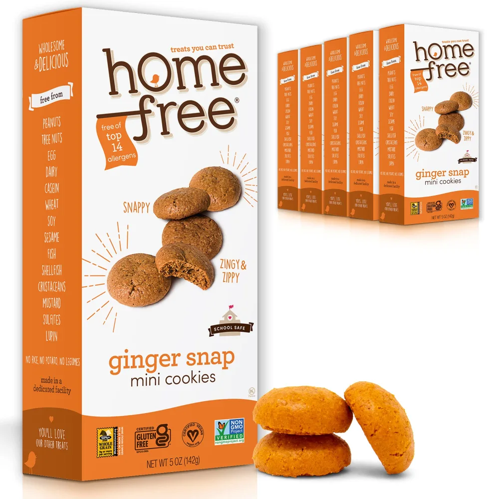 Homefree Mini Ginger Snap Cookies, Gluten Free, Nut Free, Vegan, School Safe and Allergy Friendly Snack, 5 oz. (Pack of 6)