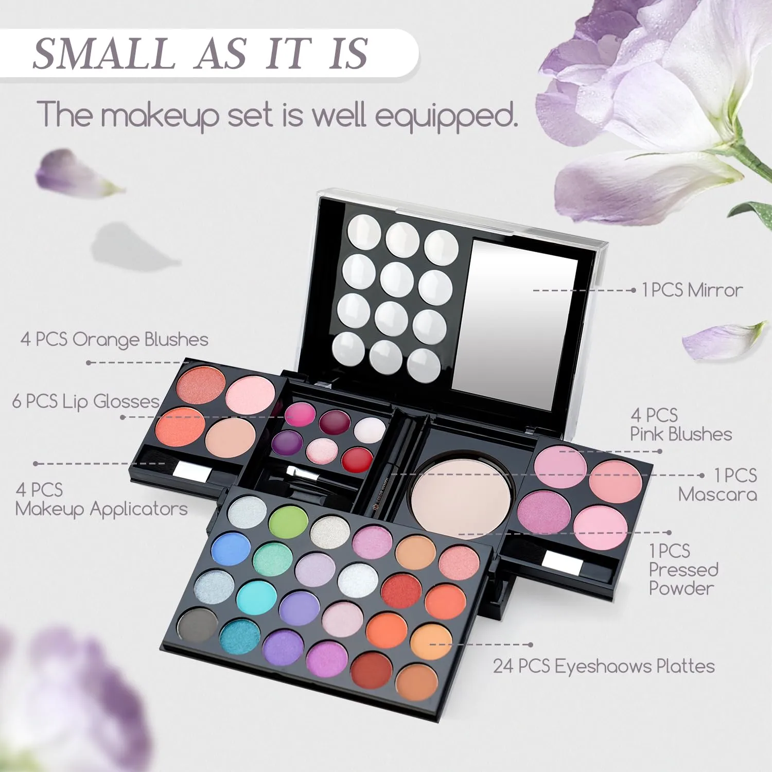 All In One Makeup Palette Set Kit,Portable Travel Makeup Kit for Girls with 24-Colors Eyeshadows Facial Blusher Lip Gloss Pressed Powder Mascara Brushes Mirror