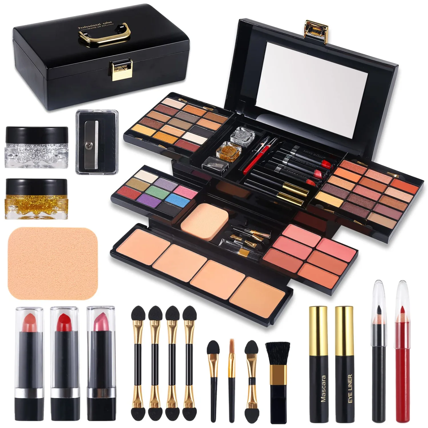 Professional Makeup Kit for Women Girls Full Kit with Mirror 58 Colors All in One Make up Gift Set Included Eyeshadow,Compact Powder,Blusher,Lipstick,Eyebrow Pencil,Gitter Gel,Eyeliner,Mascara (N)