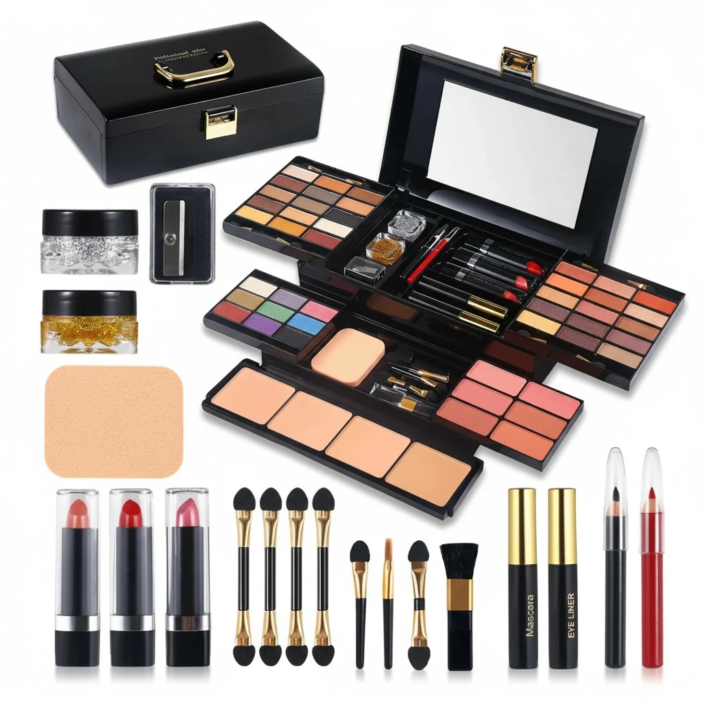 Professional Makeup Kit for Women Girls Full Kit with Mirror 58 Colors All in One Make up Gift Set Included Eyeshadow,Compact Powder,Blusher,Lipstick,Eyebrow Pencil,Gitter Gel,Eyeliner,Mascara (N)
