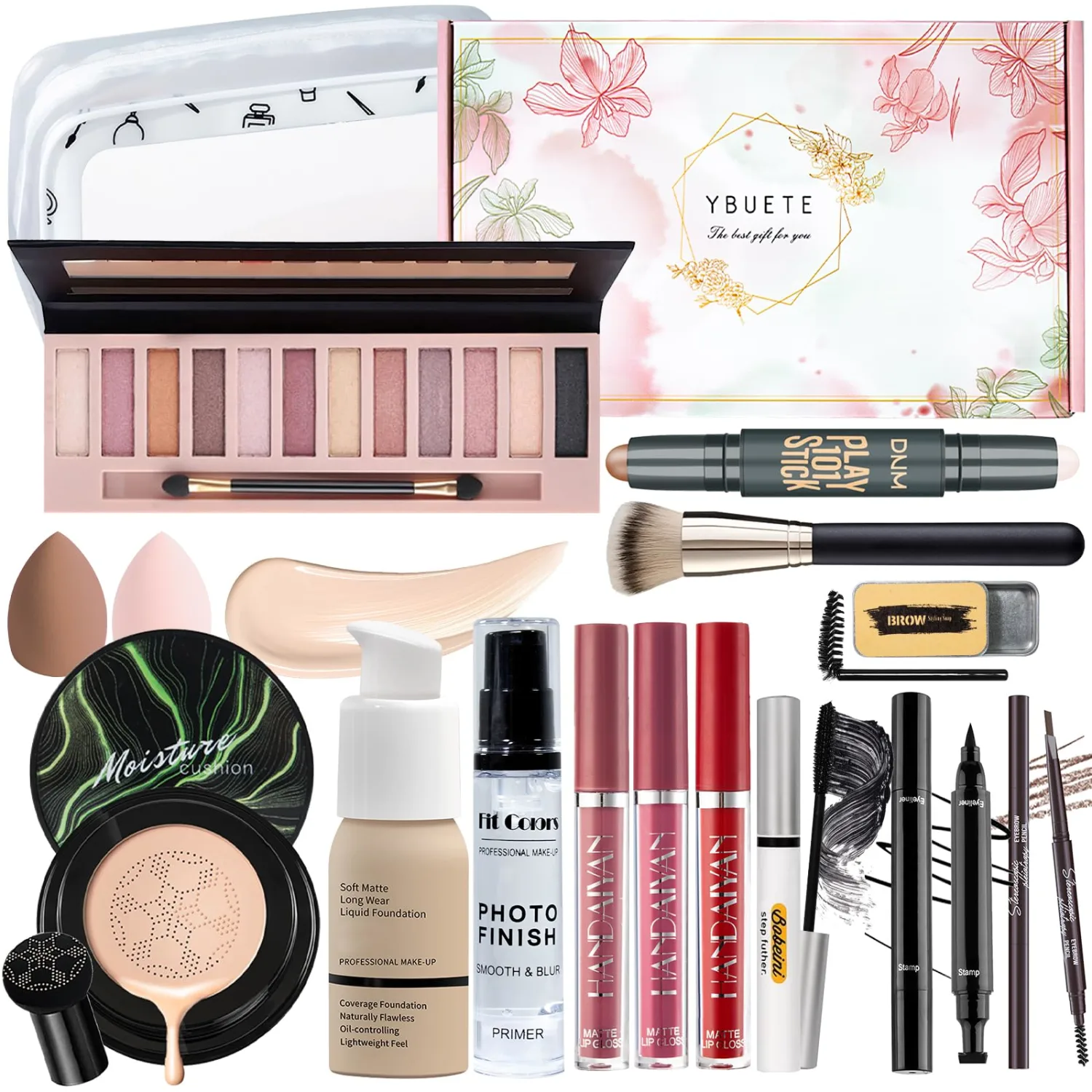 Makeup Kit Set for Women, Makeup Gift for Women Teen Girl, Eyeshadow Foundation CC Cream Face Primer, Makeup Brush Sponge, Lipstick, Eyebrow Soap Pencil Mascara Eyeliner Cosmetic bag