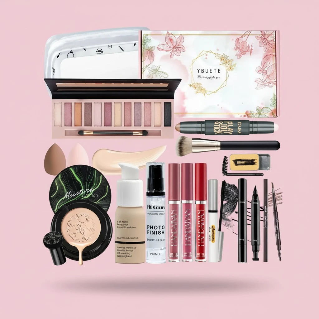 Makeup Kit Set for Women, Makeup Gift for Women Teen Girl, Eyeshadow Foundation CC Cream Face Primer, Makeup Brush Sponge, Lipstick, Eyebrow Soap Pencil Mascara Eyeliner Cosmetic bag