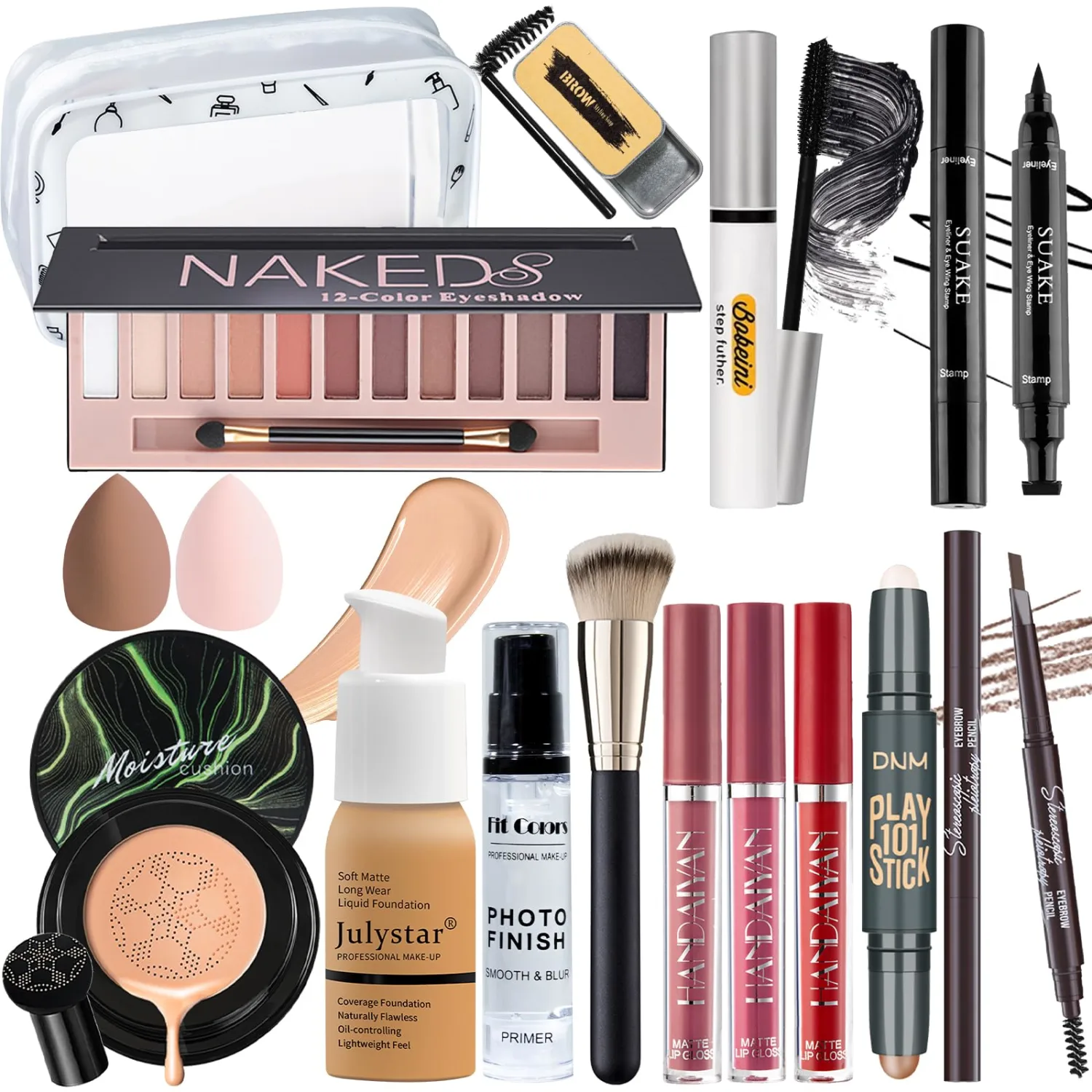Makeup Kit Set for Women, Makeup Gift for Women Teens Girl, Naked Eyeshadow Palette Foundation CC Cream Primer Brush Spong Contour Lipstick Eyebrow Soap Mascara Eyeliner Cosmetic bag