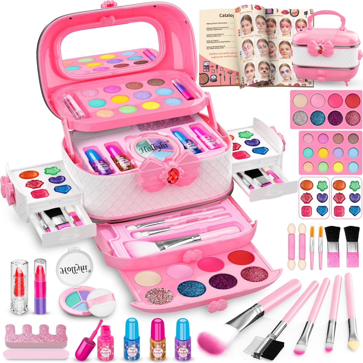 Hollyhi 58 Pcs Kids Makeup Kit for Girl, Princess Toys Real Washable Cosmetic Set with Mirror, Kids Makeup Sets for Girls, Play Make Up Birthday Gifts for 3 4 5 6 7 8 9 10 11 12 Years Old Kid (Pink)