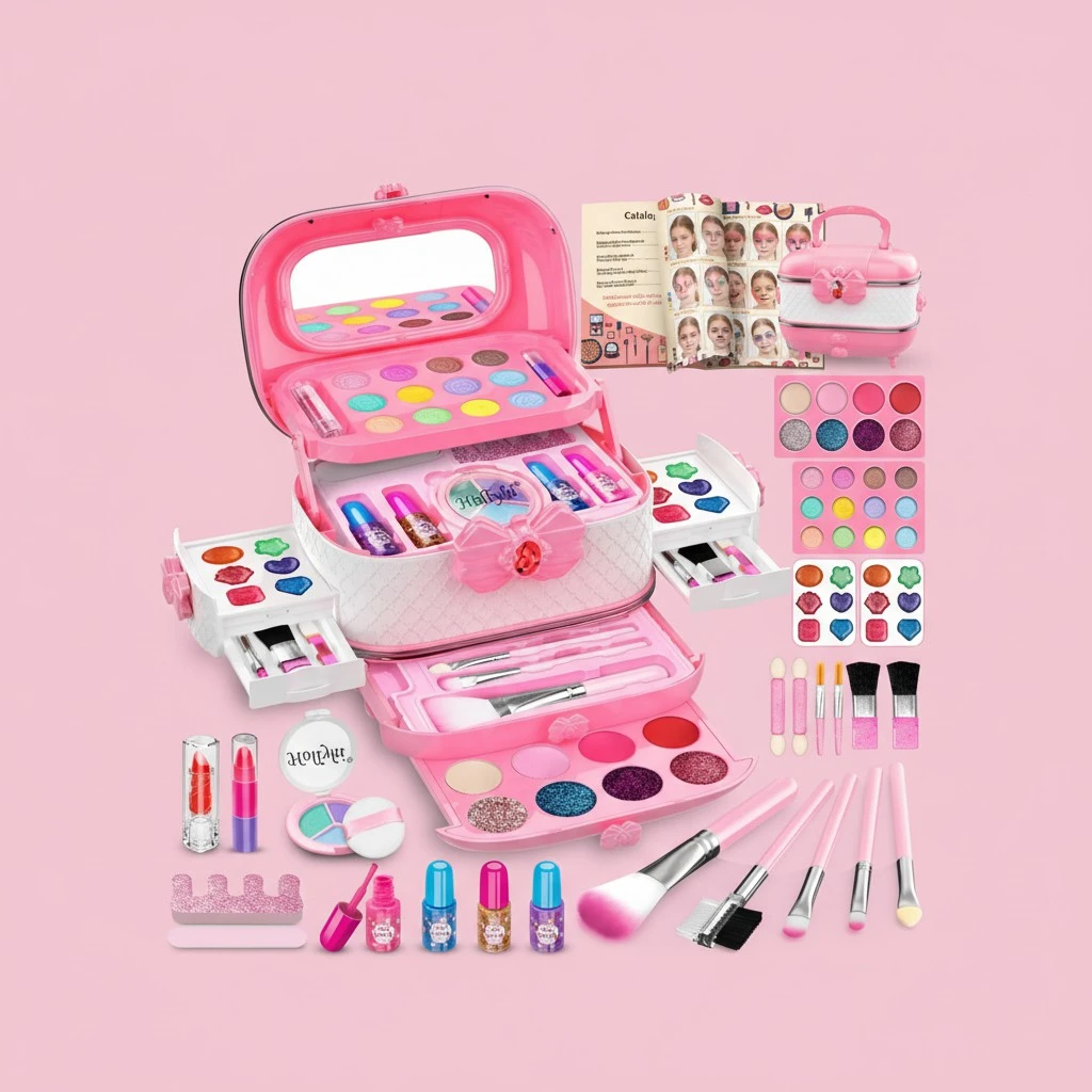 Hollyhi 58 Pcs Kids Makeup Kit for Girl, Princess Toys Real Washable Cosmetic Set with Mirror, Kids Makeup Sets for Girls, Play Make Up Birthday Gifts for 3 4 5 6 7 8 9 10 11 12 Years Old Kid (Pink)