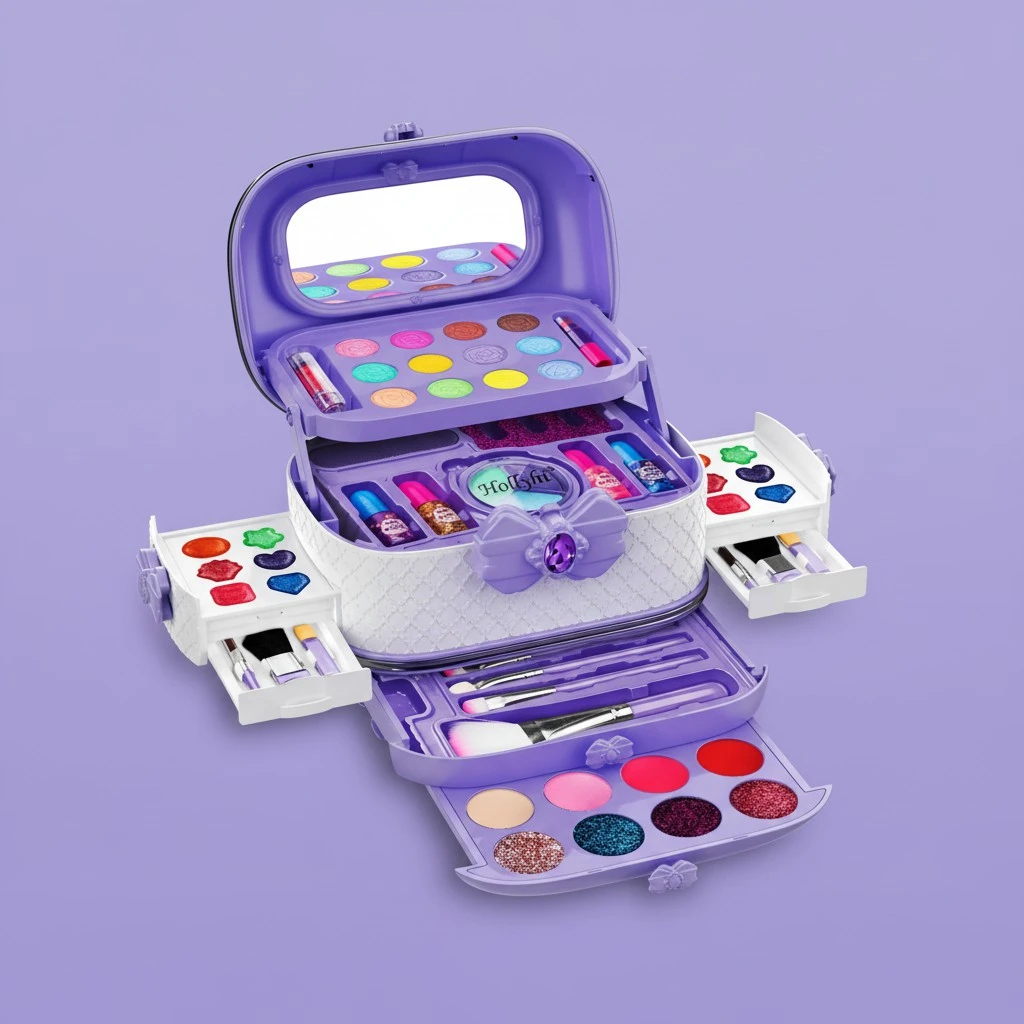 Hollyhi 58 Pcs Kids Makeup Kit for Girl, Princess Toys Real Washable Cosmetic Set with Mirror, Kids Makeup Sets for Girls, Play Make Up Birthday Gifts for 3 4 5 6 7 8 9 10 11 12 Years Old Kid(Purple)