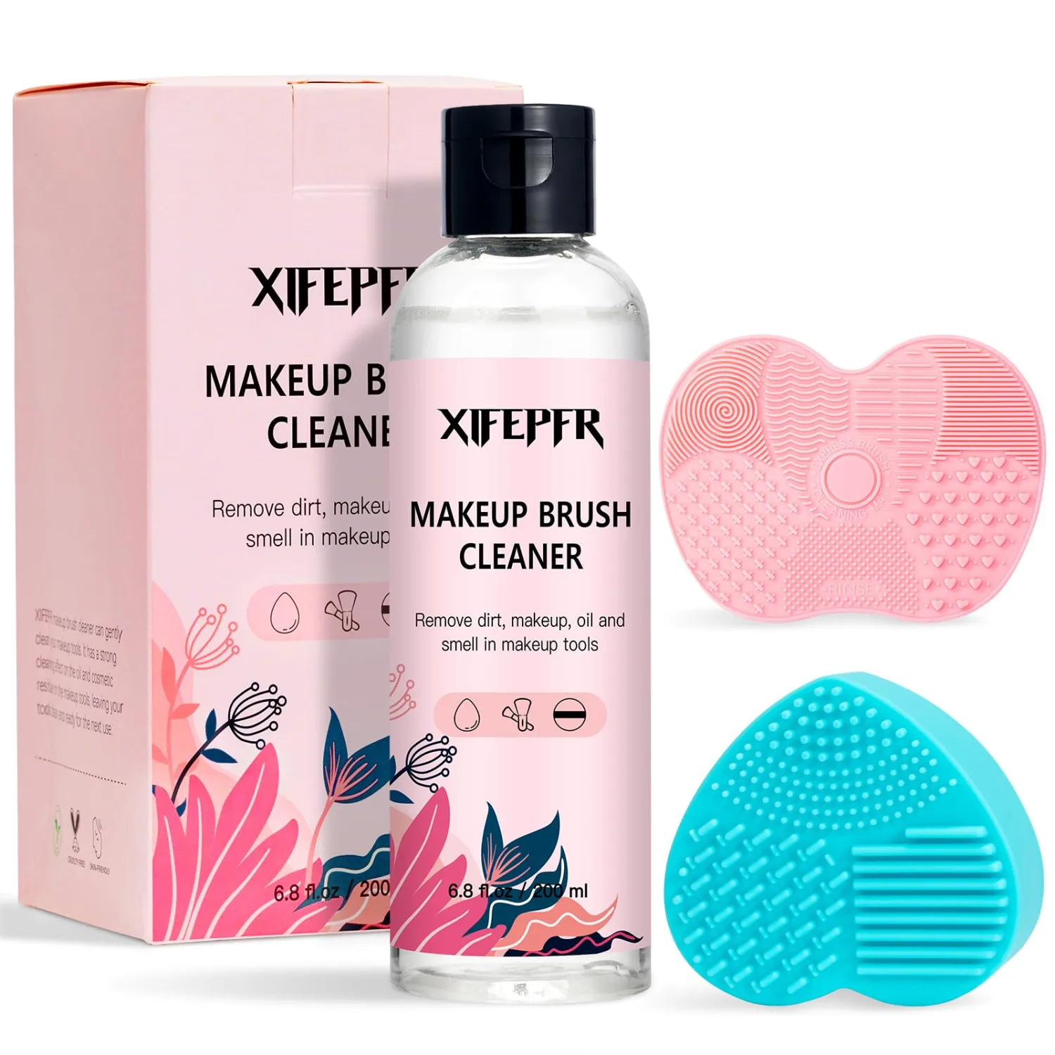 Makeup Brush Cleaner, 6.8 Fl Oz Make Up Brush Cleaner Cleanser, Makeup Brush Cleaner Solution for Brushes, Sponge, Puff, Makeup Brush Shampoo with 2pcs Cleaning Mat, Gifts for Women