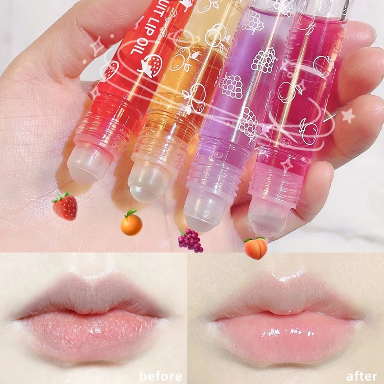 6PCS Fruity Flavors Rolling Ball Lip Oil Set, Long Lasting Moisturizing Lip Balm, Roll-On Lip Gloss Set, Glossy Lip Make-up for All Age, Transparent Lip Gloss for Dry and Chapped Lips