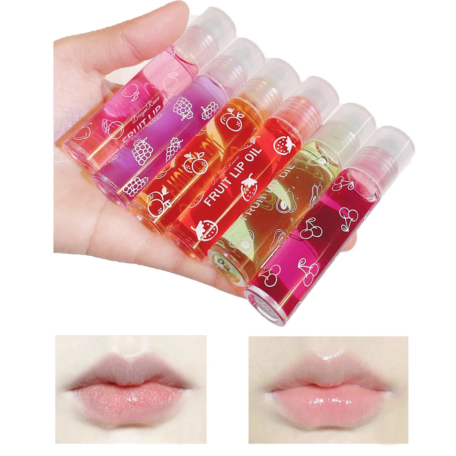 6PCS Fruity Flavors Rolling Ball Lip Oil Set, Long Lasting Moisturizing Lip Balm, Roll-On Lip Gloss Set, Glossy Lip Make-up for All Age, Transparent Lip Gloss for Dry and Chapped Lips