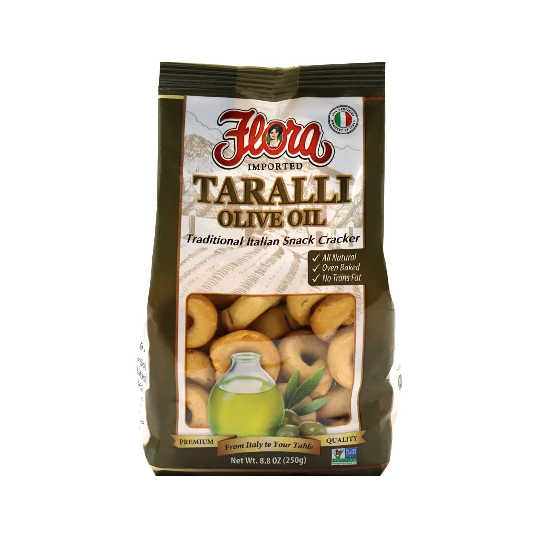 Taralli by Flora 7.05 oz - Italian Snack Cracker - All Natural Oven Baked - Cholesterol Free - Savory Snack - 100% Italian (Olive Oil)