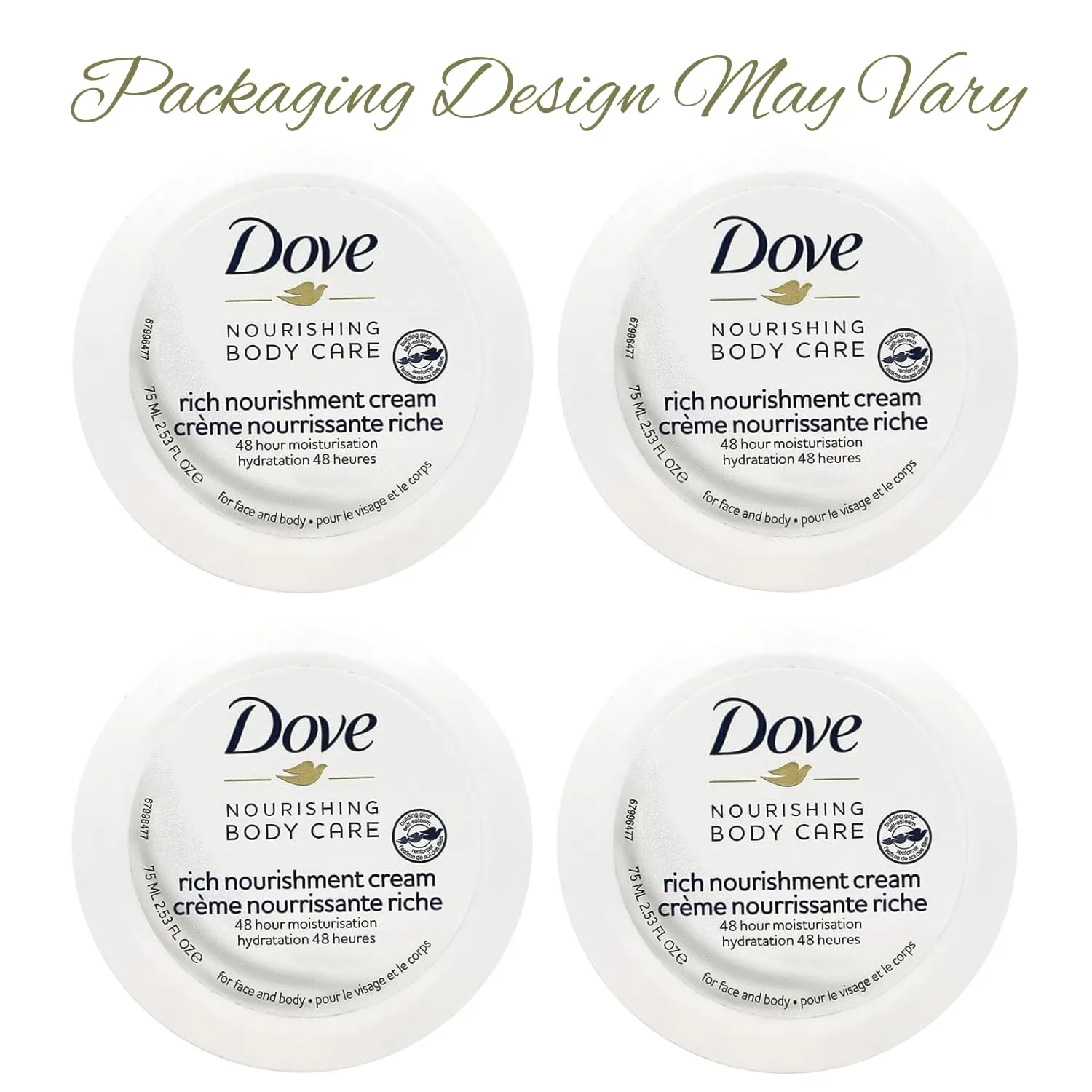 Dove Nourishing Body Care, Face, Hand, and Body Rich Nourishment Cream for Extra Dry Skin with 48-Hour Moisturization, 4-Pack, 2.53 Oz Each Jar