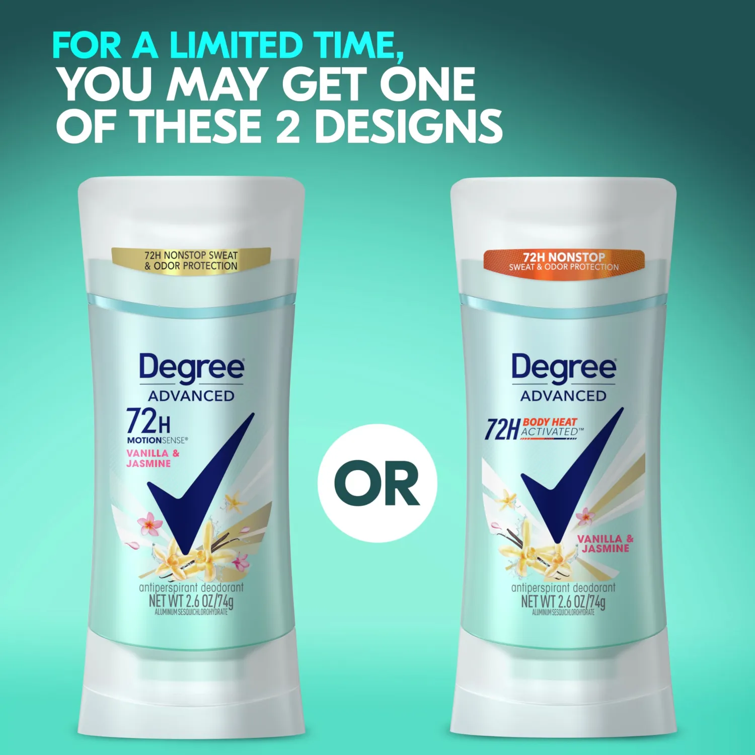 Degree Advanced Protection Antiperspirant Deodorant Vanilla & Jasmine for 72-Hour Sweat & Odor Control for Women, with Body Heat Activated Technology, 2.6 oz