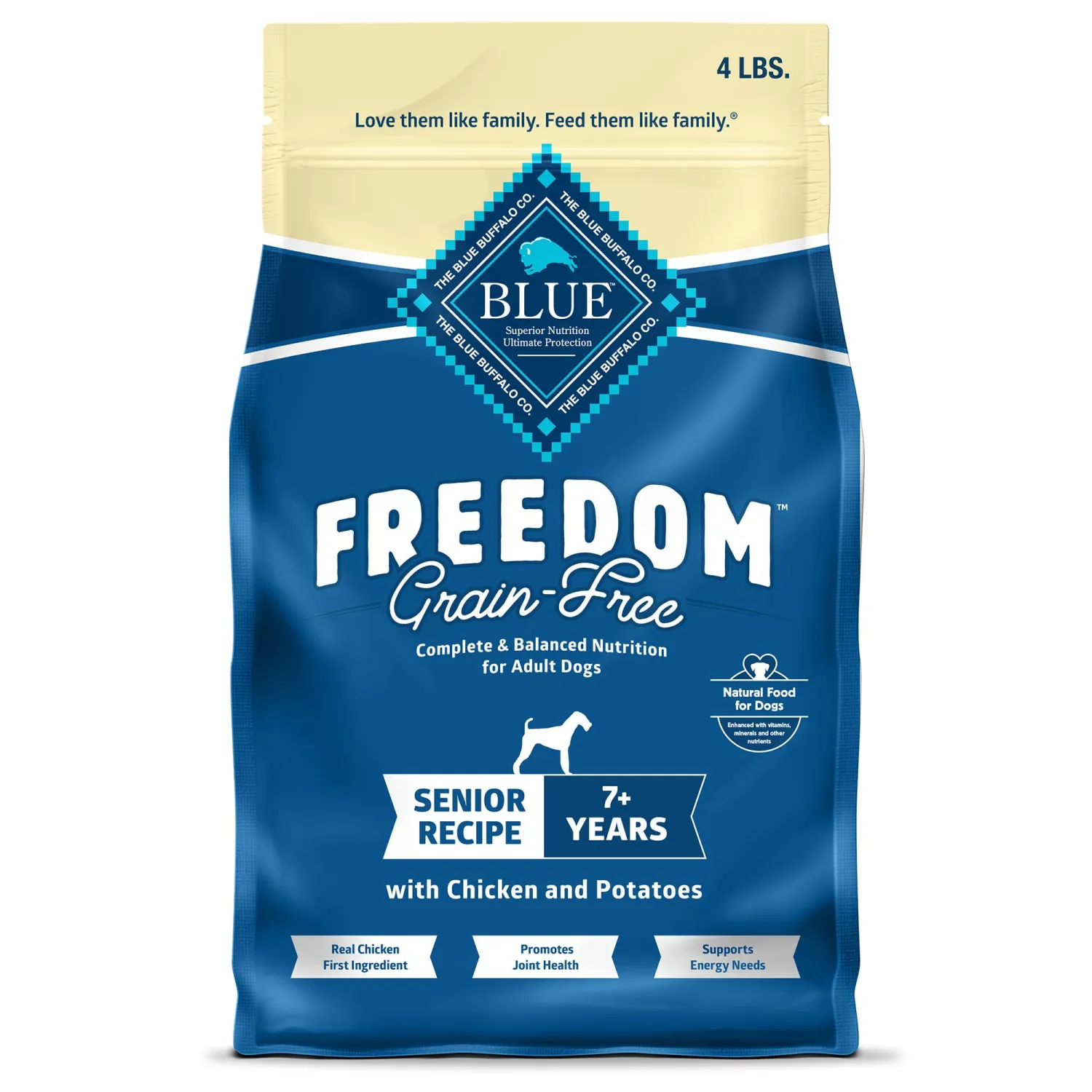Blue Buffalo Freedom Grain-Free Senior Dry Dog Food, Provides Energy To Stay Active, Made in the USA With Natural Ingredients, Chicken & Potatoes, 4-lb. Bag
