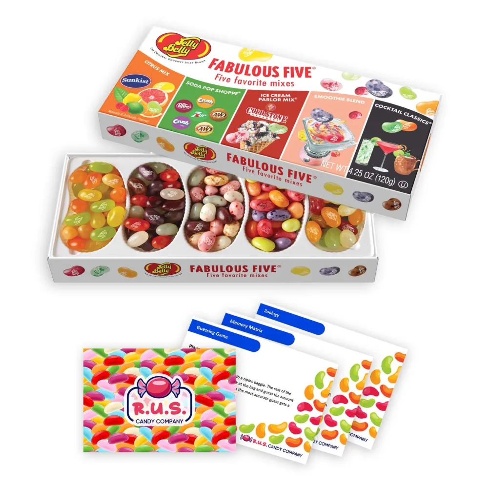 Jelly Belly Fabulous Five Candy Jelly Beans Gift Box, Halloween and Holiday Candy, A fun stocking stuffer and gift with 3 R.U.S. Candy Cards (Fabulous Five)