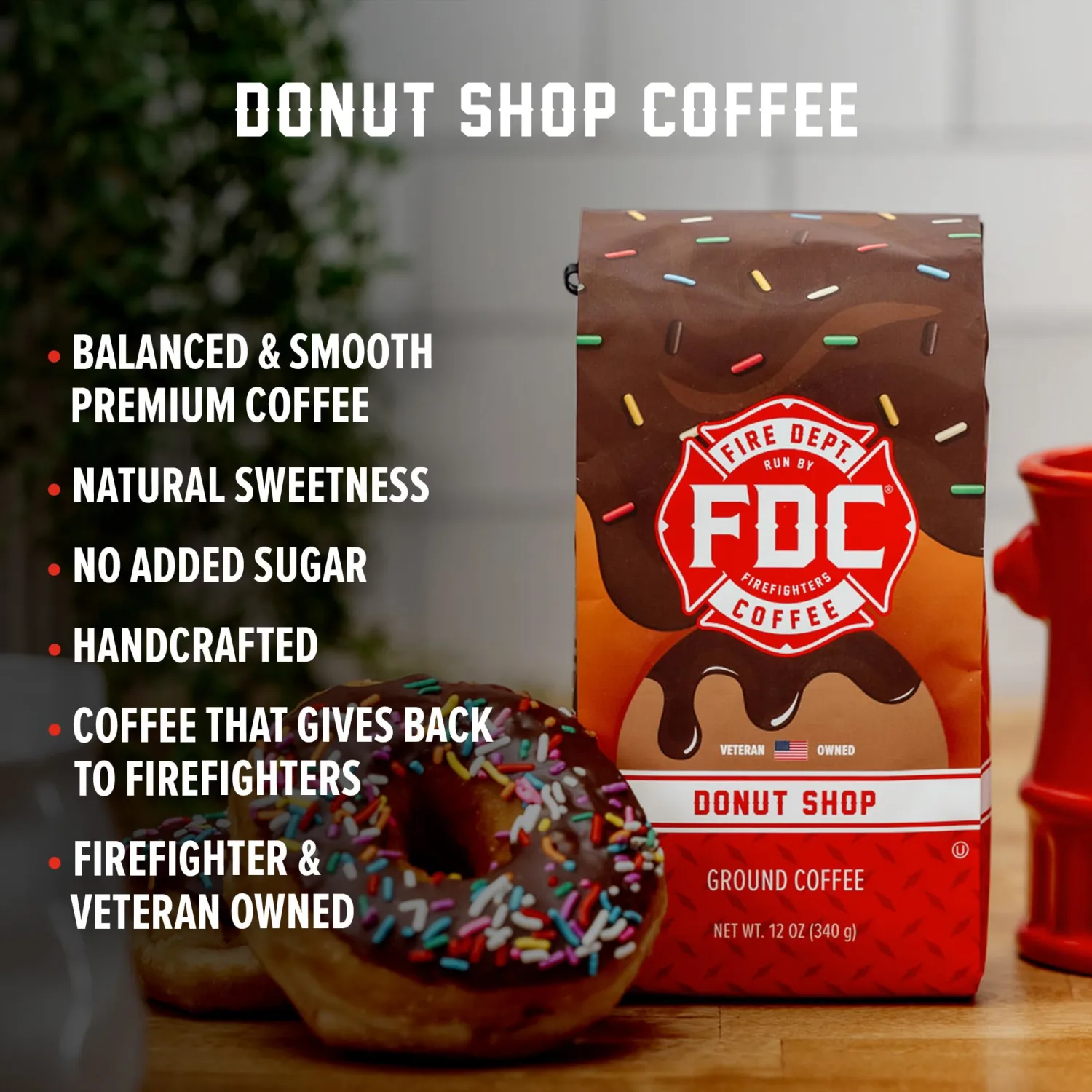 Fire Department Coffee - Gives Back to Firefighters - Sweet & Smooth Donut Shop Ground Coffee - Medium Roast - Roasted in the USA - Veteran Owned - 12 oz