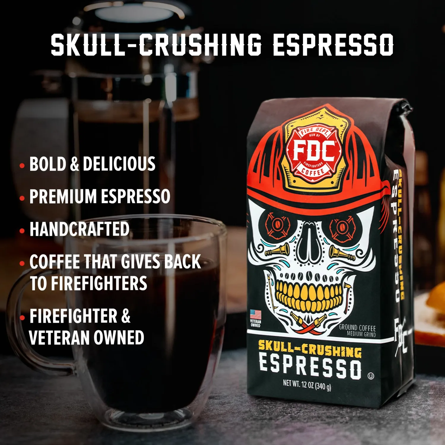Fire Department Coffee - Gives Back to Firefighters - Full-Bodied & Bold Skull Crushing Espresso Ground Coffee - Roasted in the USA - Veteran Owned - 12 oz