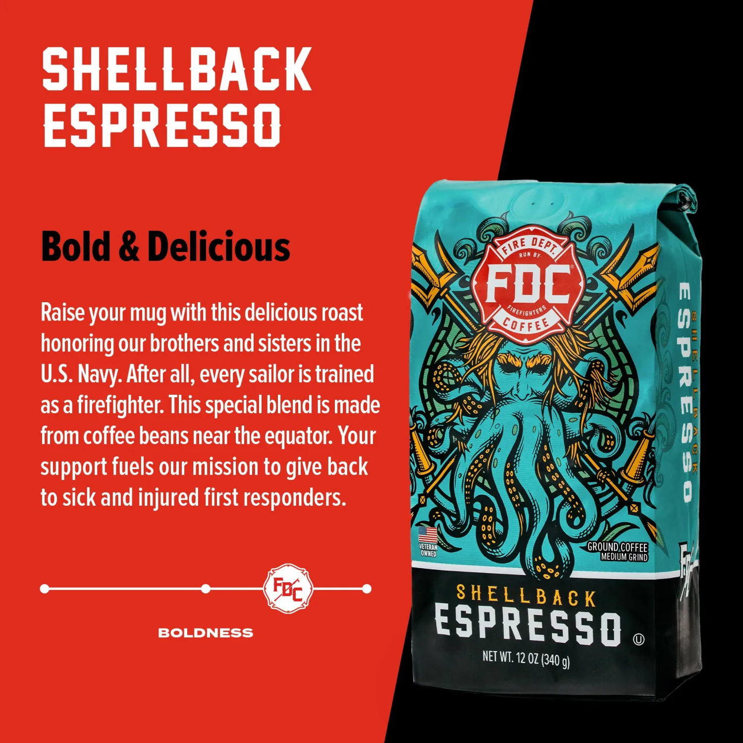 Fire Department Coffee - Gives Back to Firefighters - Bold & Smooth Shellback Espresso Ground Coffee - Roasted in the USA - Veteran Owned - 12 oz