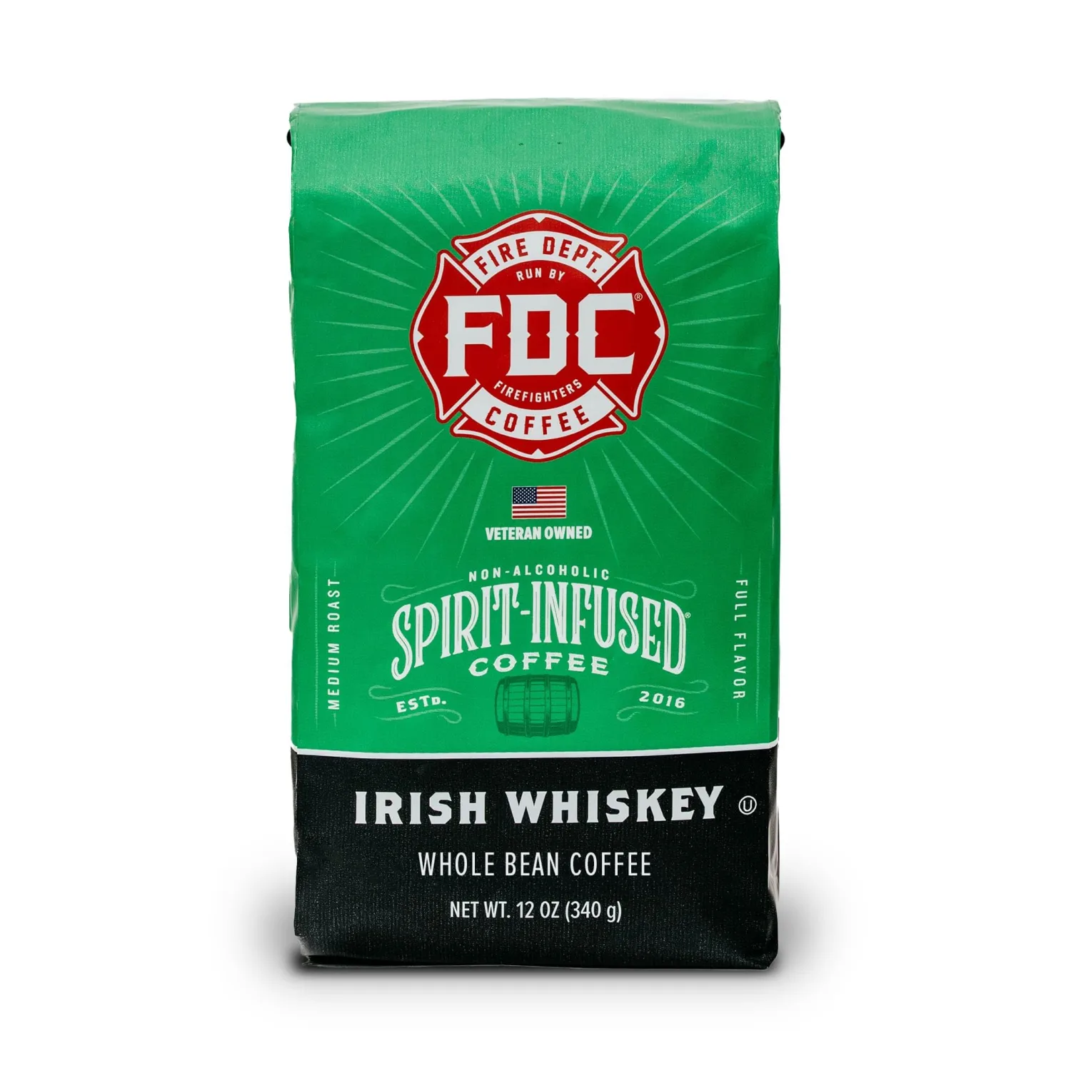 Fire Department Coffee - Gives Back to Firefighters - Irish Whiskey Infused Coffee Beans - Medium Roast - Non-Alcoholic - Roasted in the USA - Whole Bean - Veteran Owned - 12 oz