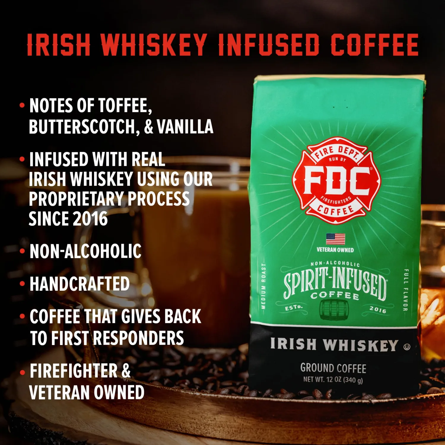 Fire Department Coffee - Gives Back to Firefighters - Irish Whiskey Infused Coffee Beans - Medium Roast - Non-Alcoholic - Roasted in the USA - Whole Bean - Veteran Owned - 12 oz