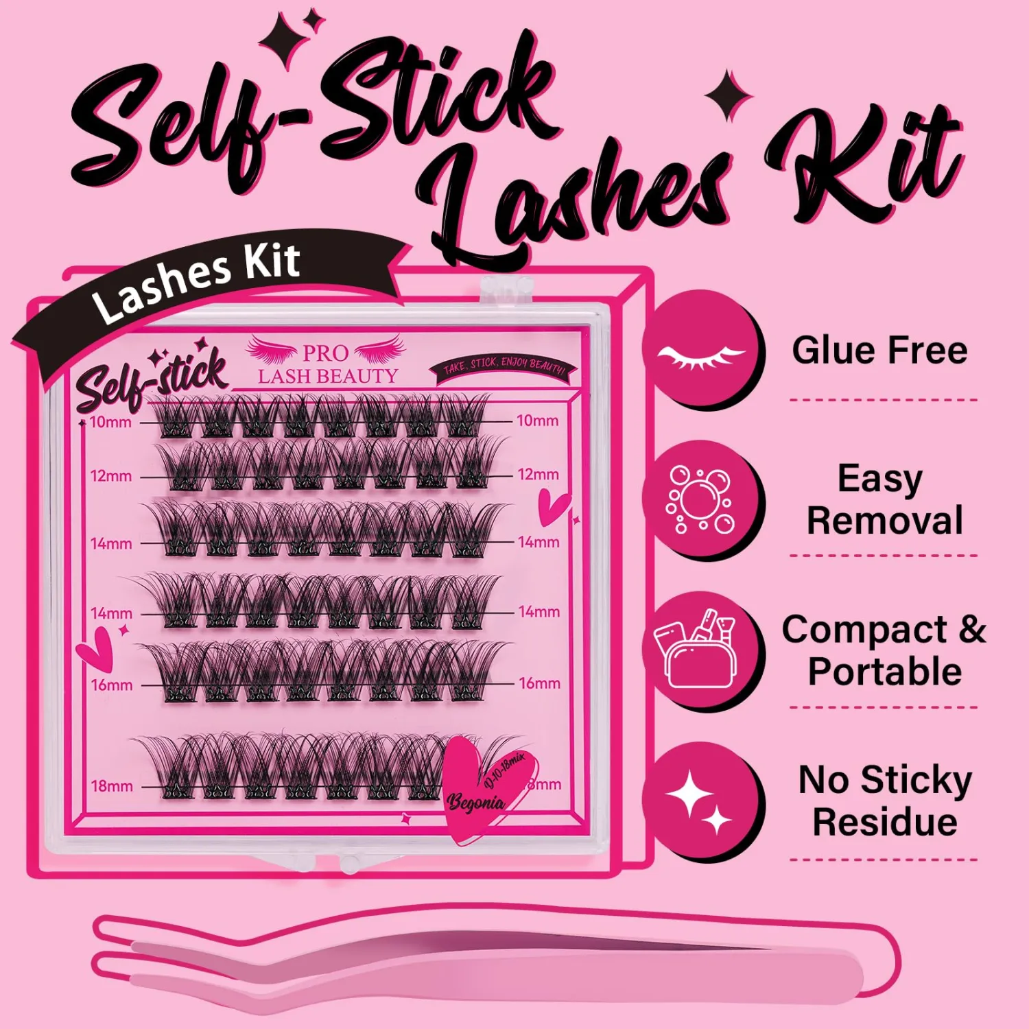 Self Adhesive Eyelashes 48Pcs Lash Clusters Press On Lashes Self Stick Cluster Lashes Pre Glued Eyelash Clusters No Glue No Remover Needed Easy to Apply Save Time (Begonia,D-10-18mix)