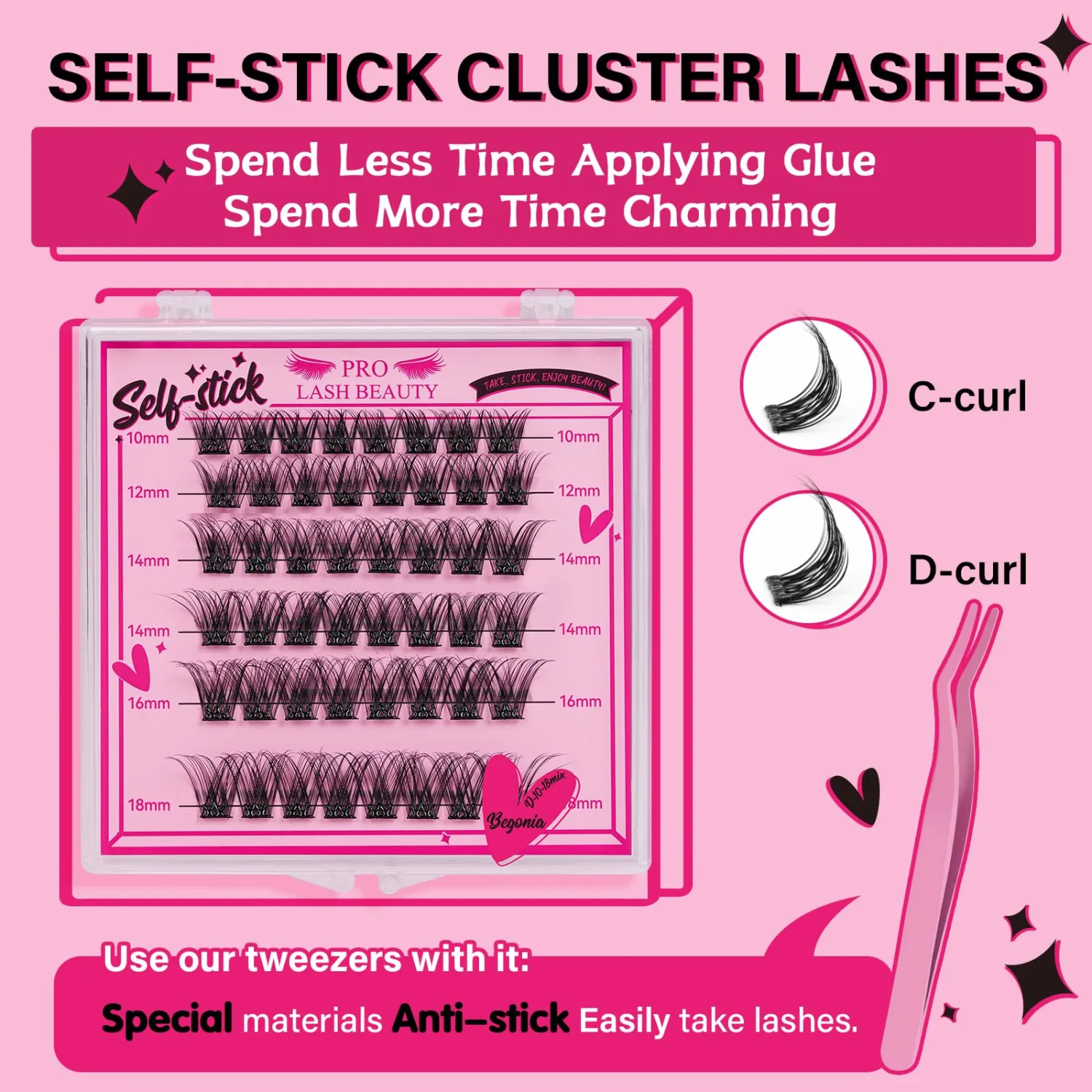 Self Adhesive Eyelashes 48Pcs Lash Clusters Press On Lashes Self Stick Cluster Lashes Pre Glued Eyelash Clusters No Glue No Remover Needed Easy to Apply Save Time (Begonia,D-10-18mix)