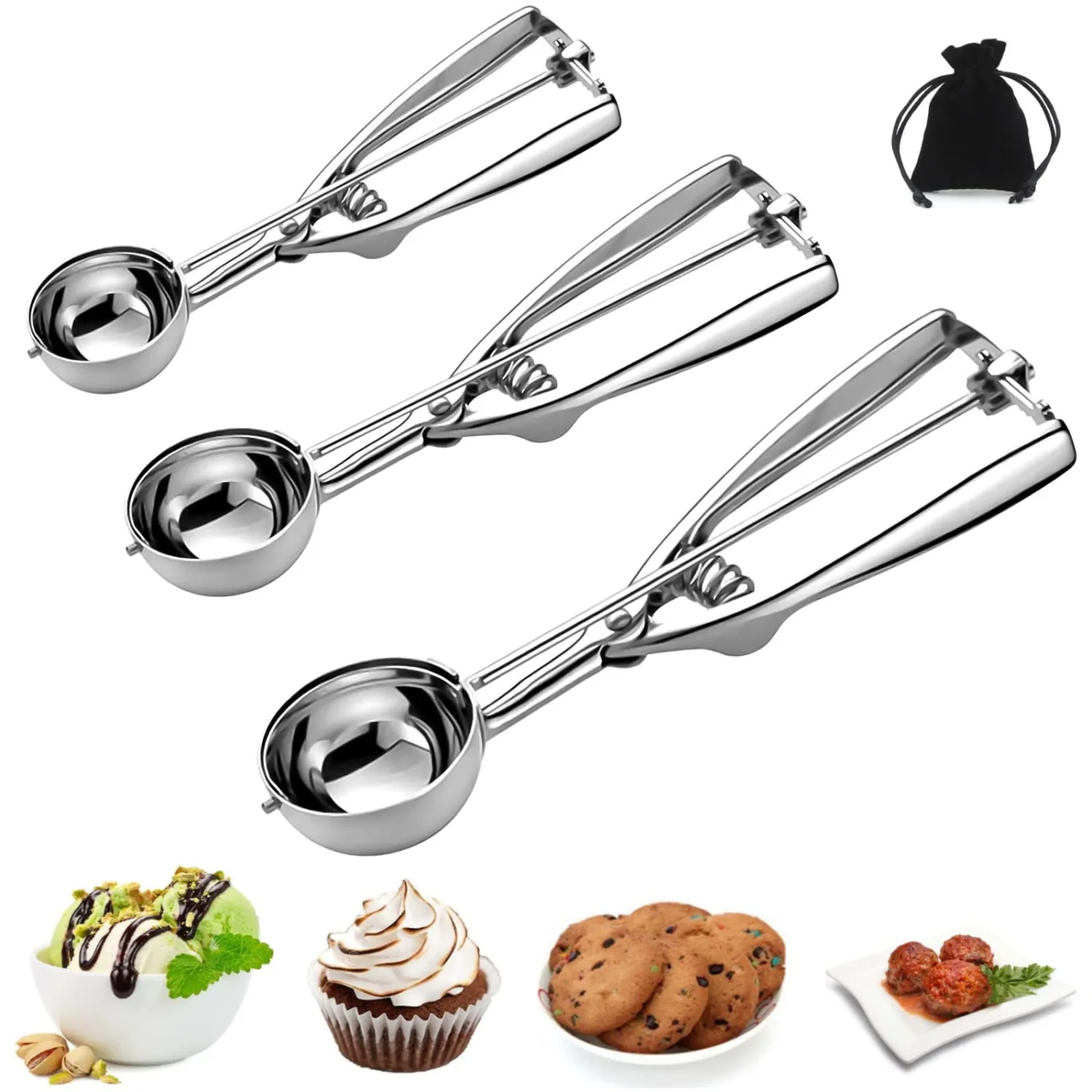Stainless Steel 3-Piece Ice Cream & Cookie Scoop Set - Trigger Release, Baking & Dessert Scooper