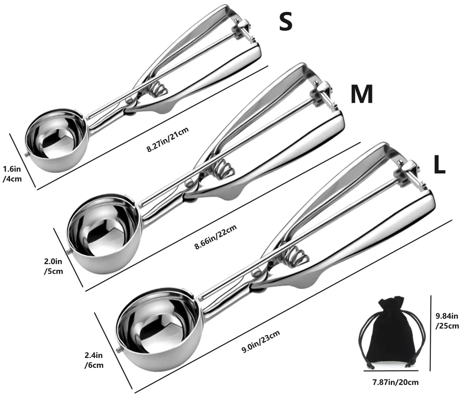 Stainless Steel 3-Piece Ice Cream & Cookie Scoop Set - Trigger Release, Baking & Dessert Scooper