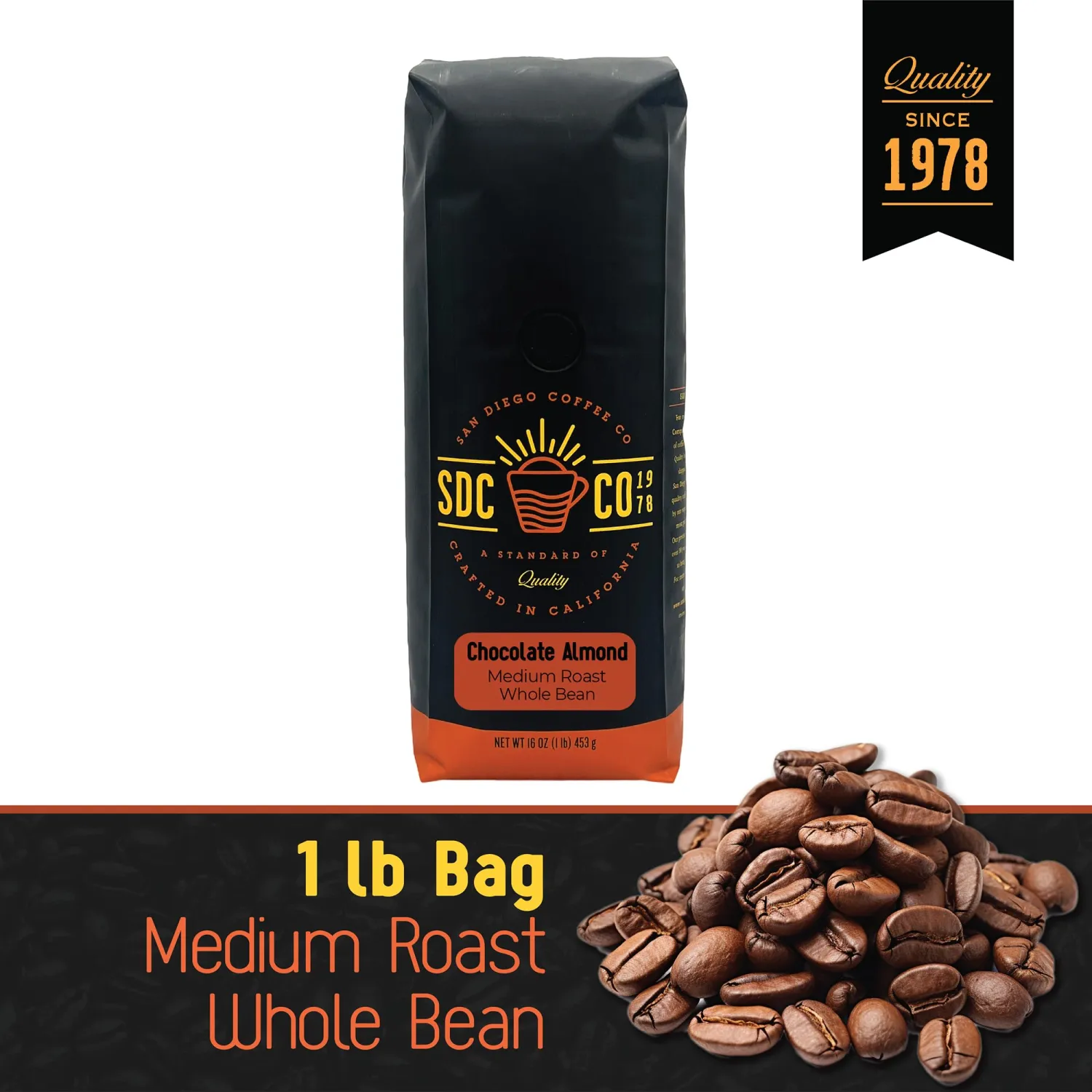 San Diego Coffee Chocolate Almond, Medium Roast, Whole Bean Coffee, 16-Ounce Bag Café en grano tostado