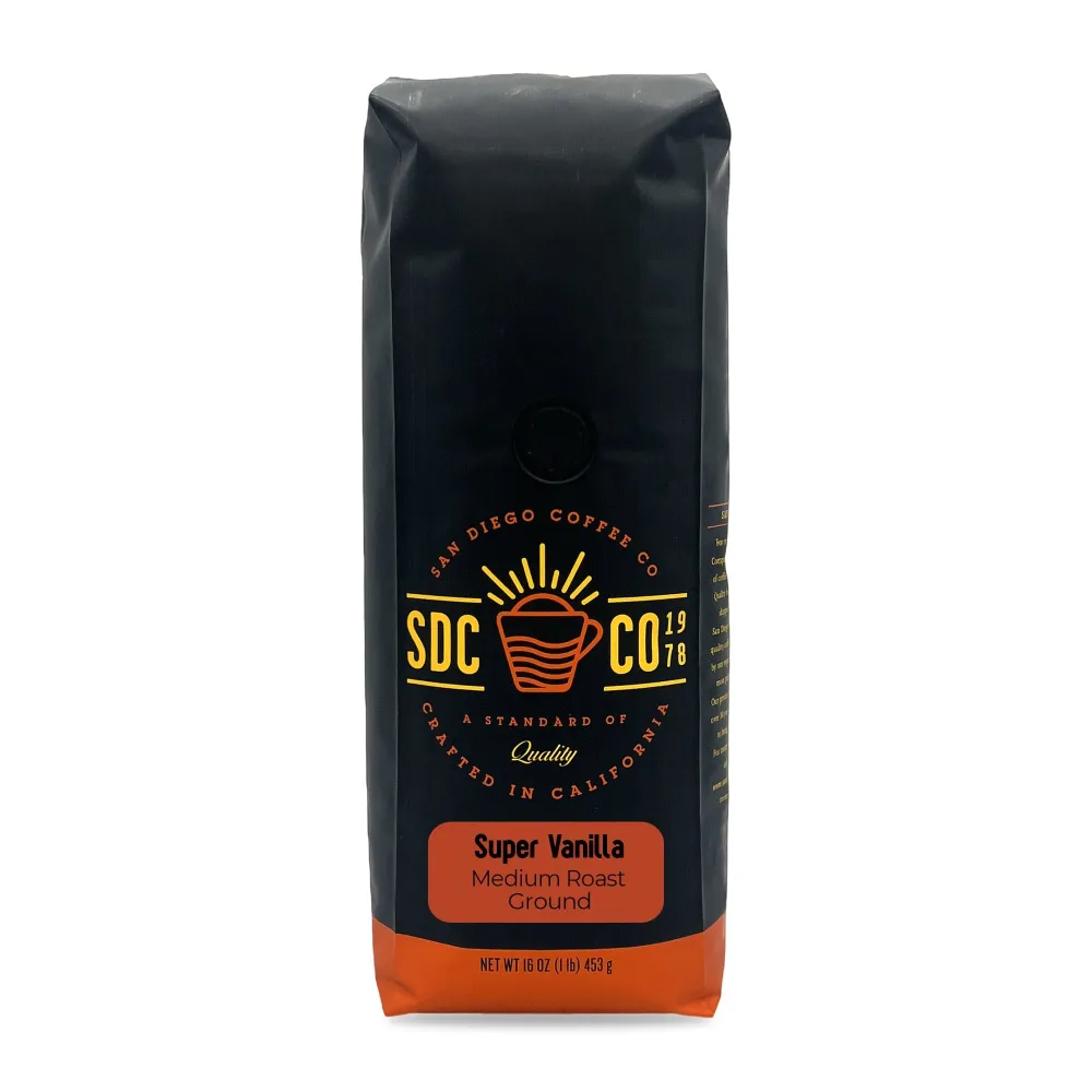 San Diego Coffee Super Vanilla, Medium Roast, Whole Bean Coffee, 16-Ounce Bag Café en grano tostado