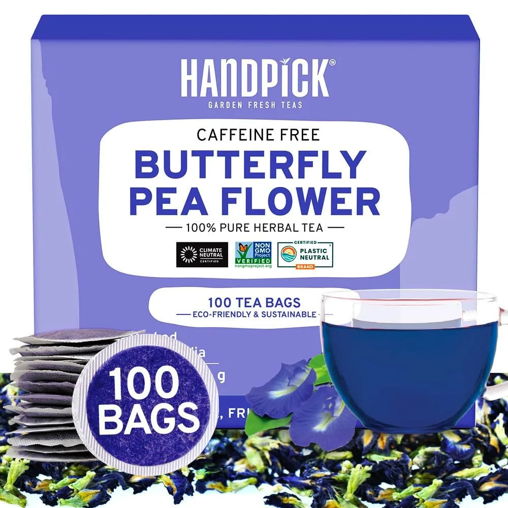 HANDPICK, Butterfly Pea Flower Tea (100 Herbal Tea Bags) | Caffeine Free, Non GMO | Premium Dried Butterfly Pea Flowers For Blue & Purple Drinks, Food Coloring | Iced Teas, Coolers, Cocktails