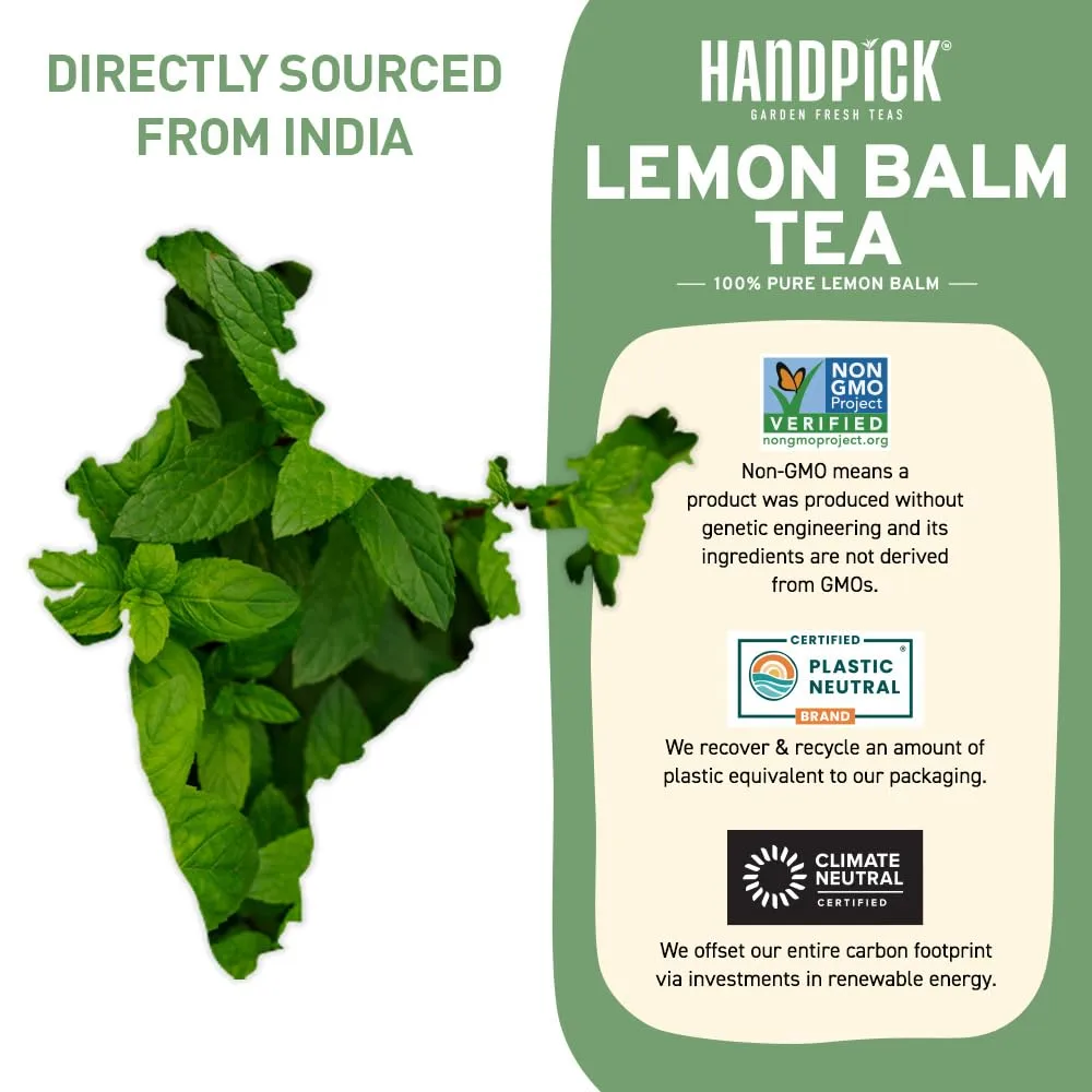 HANDPICK, Lemon Balm Tea Bags (100 Herbal Tea Bags) Melissa Tea - Caffeine-Free, Citrus Flavor & Aroma | Pure Ingredients - Lemon Balm Leaves | Brew Pure Lemon Balm Tea